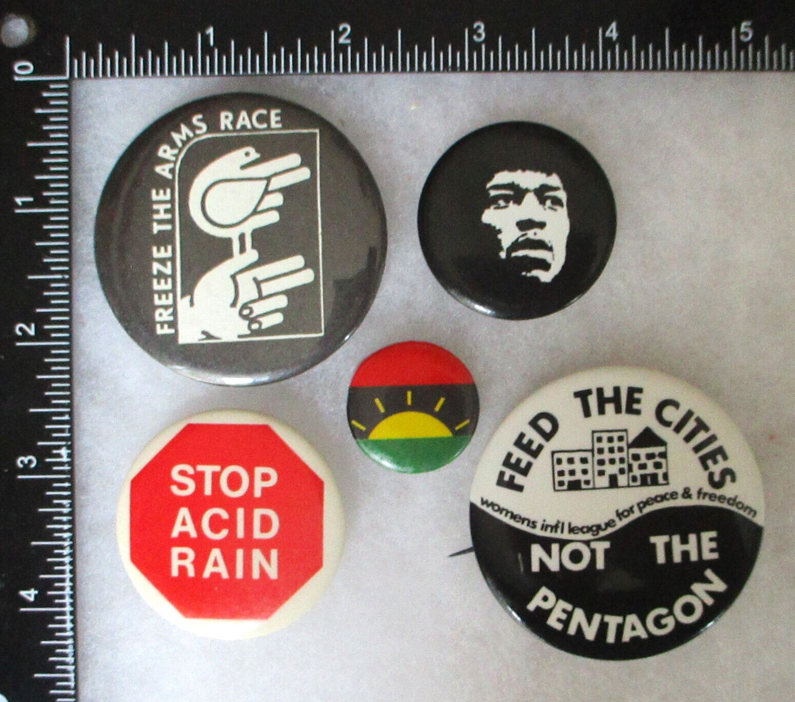 5 1960s 70s PROTEST BUTTON PINS Freeze Arms Race, Stop Acid Rain, Jimi Hendrix