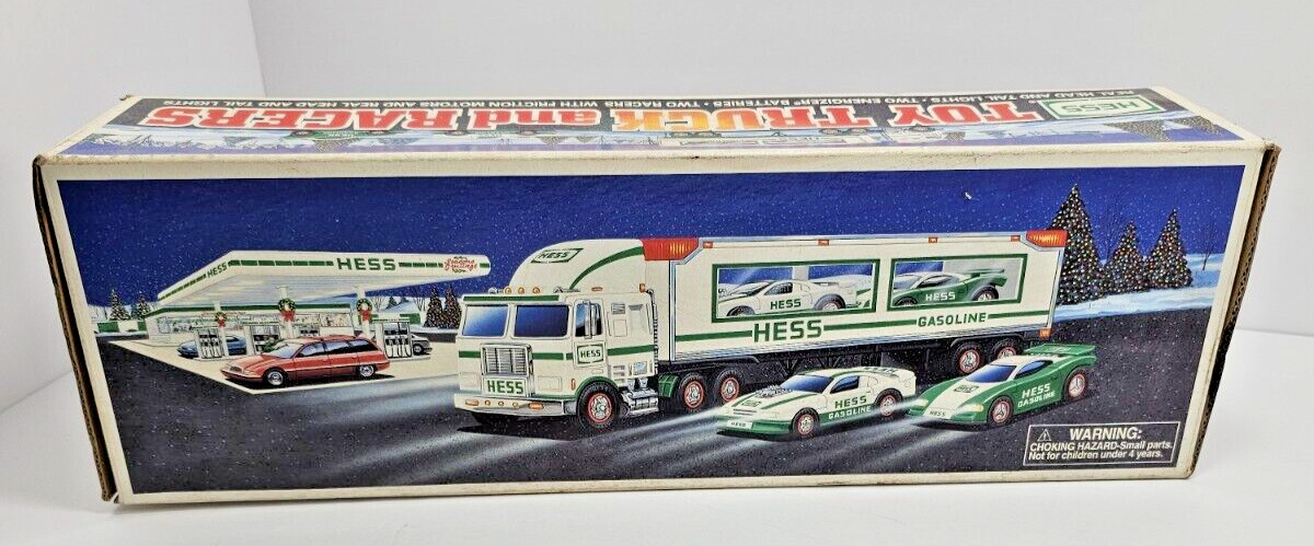 1997 Hess Toy Truck and 2 Racers NIB Box Damage Estate Head & Tail Lights