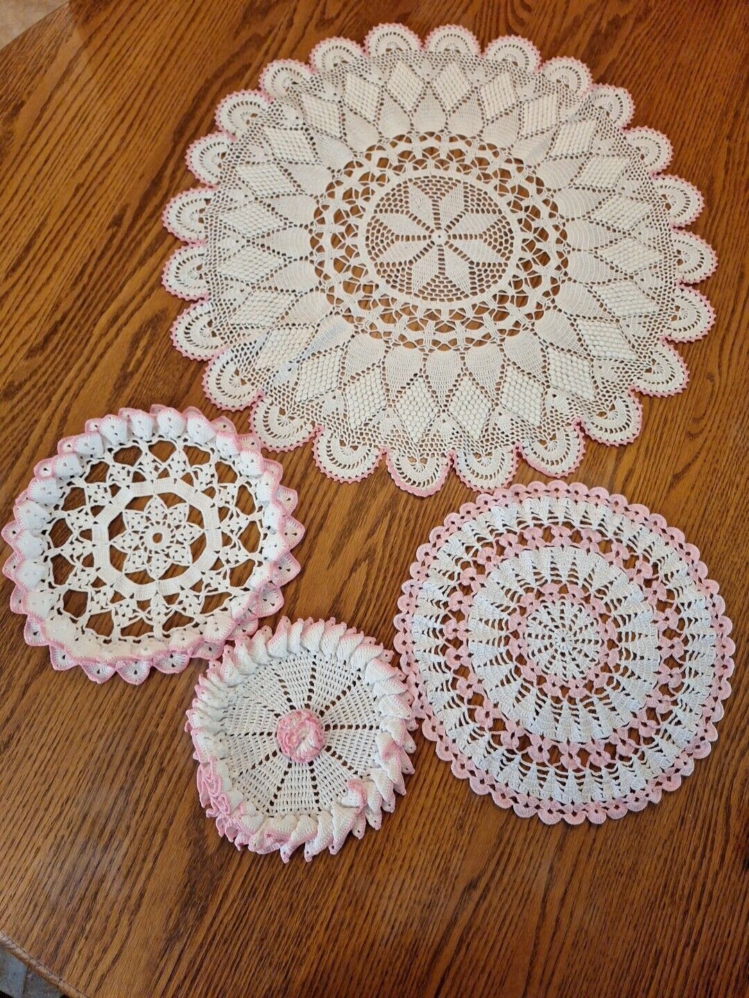 Vintage Lot of 4 Hand Crochet Pink  And White Ruffled Doilies