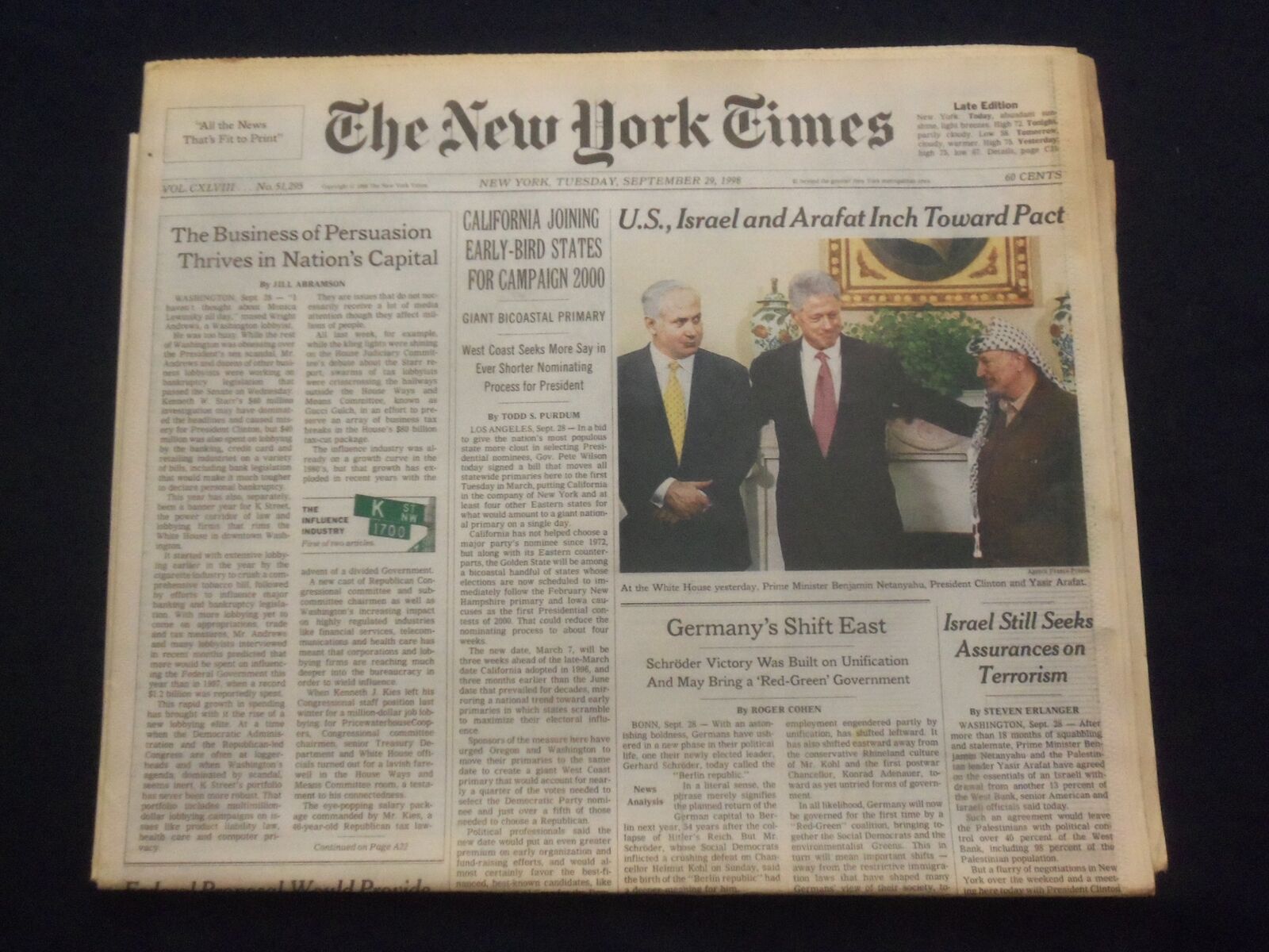1998 SEP 29 NEW YORK TIMES NEWSPAPER -U.S., ISRAEL, ARAFAT TOWARDS PACT- NP 7090
