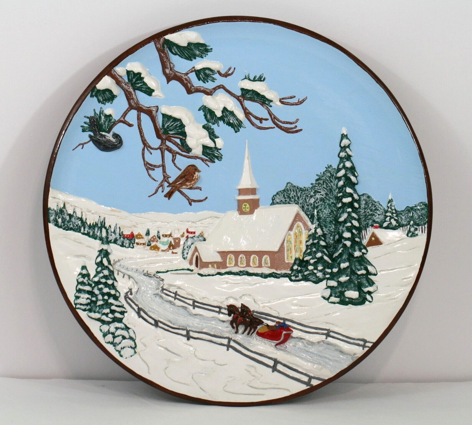 Vintage Byron Molds 3D Ceramic 10” Hand Painted Wall Plate Decor WINTER Village