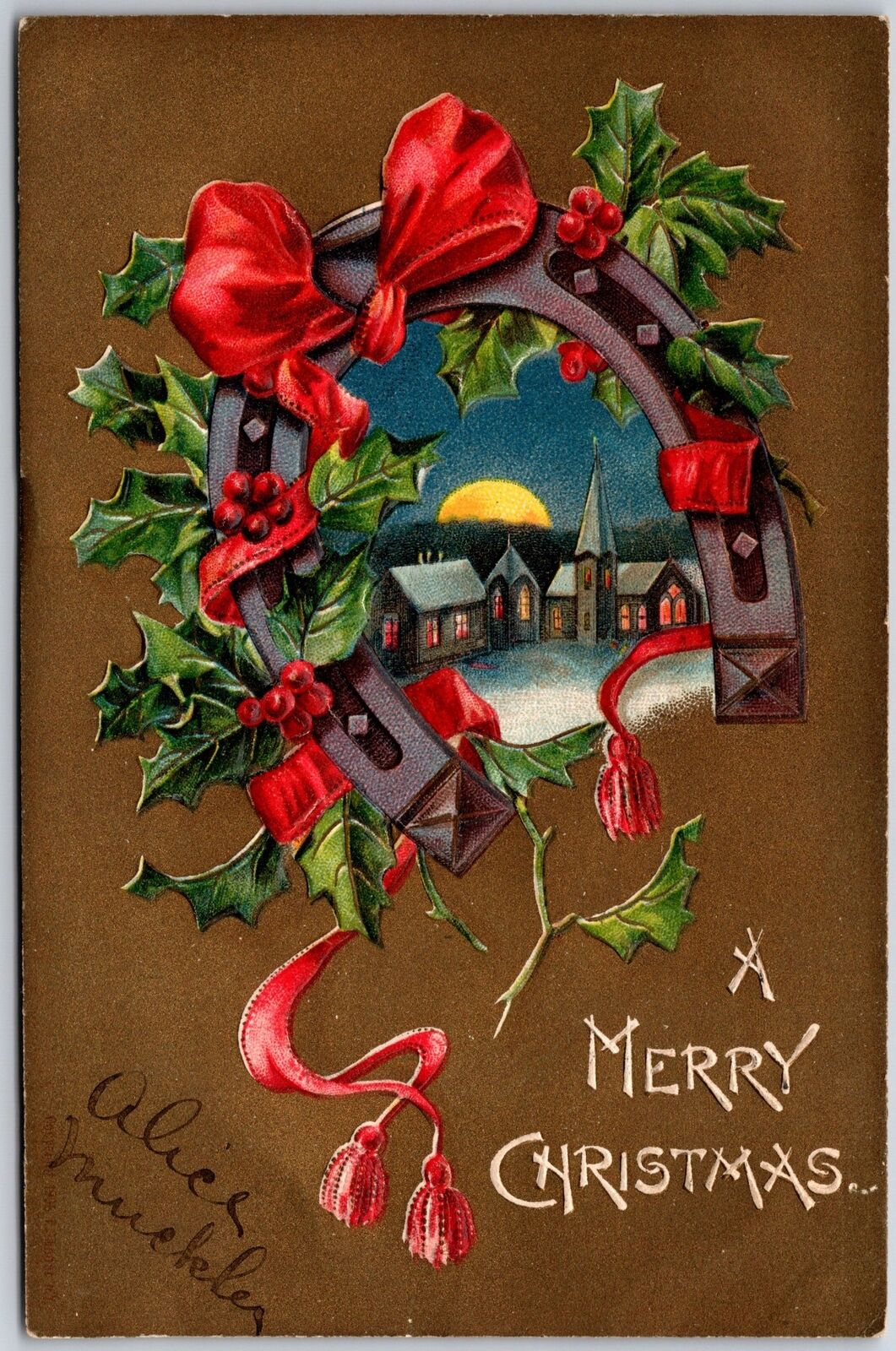 1907 A Merry Christmas Landscape Red Ribbon House Winter Night Posted Postcard