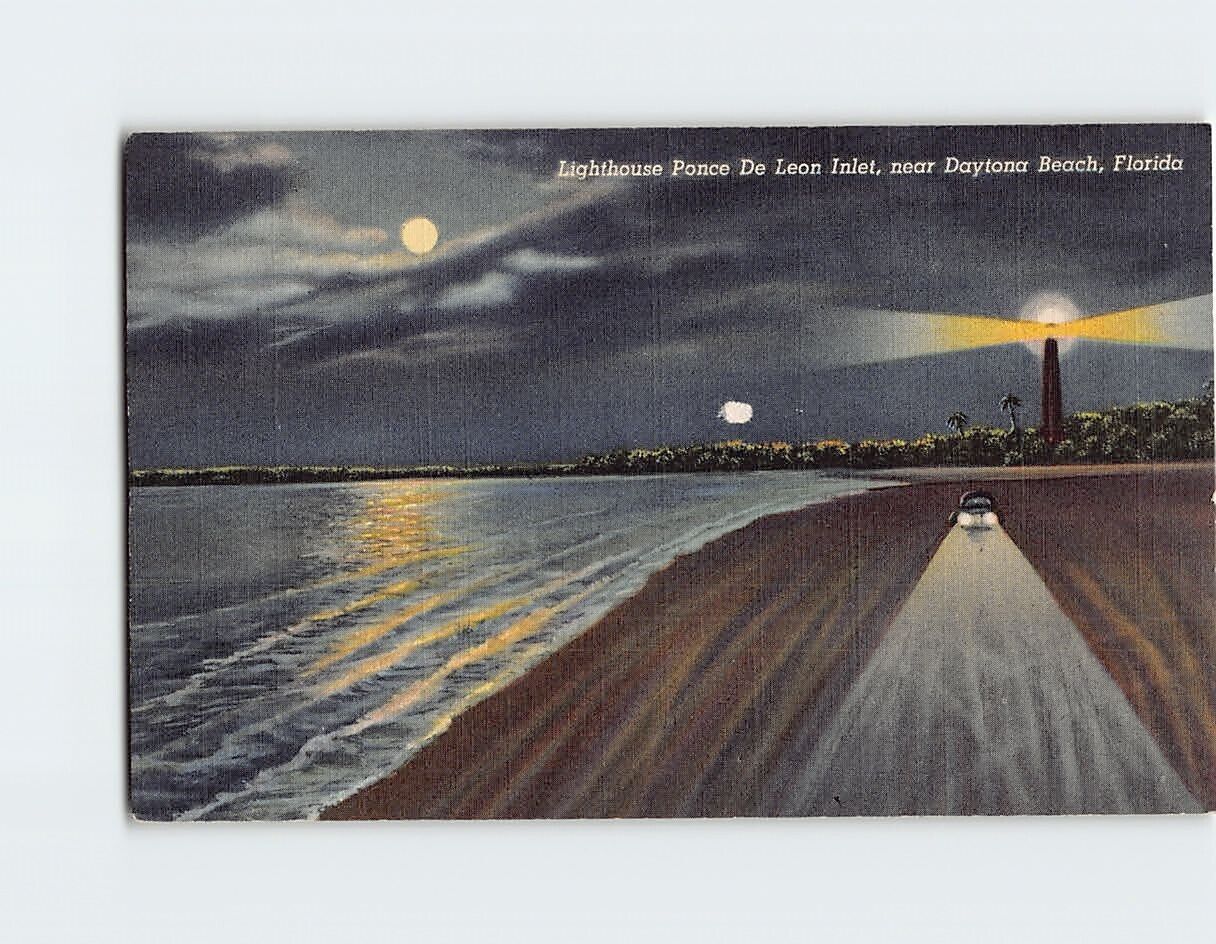 Postcard Moonlight Scene Lighthouse Ponce De Leon Inlet Florida USA