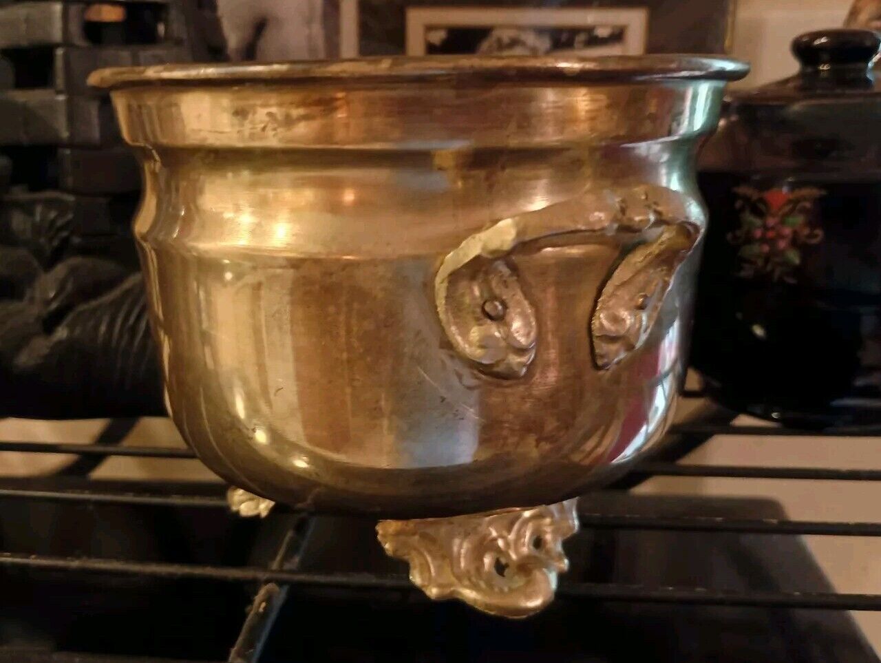 VTG Brass Double Handled Footed Planter Pot 4.5”T 5.5”Diam Top