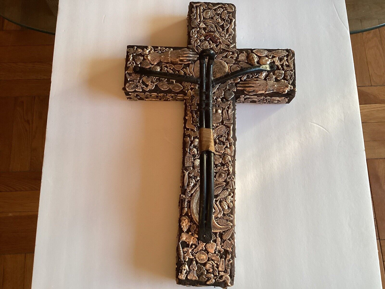 Vintage Refurbished Weathered Wood  17” X 10” X 3” Milagro Cross Hand Made