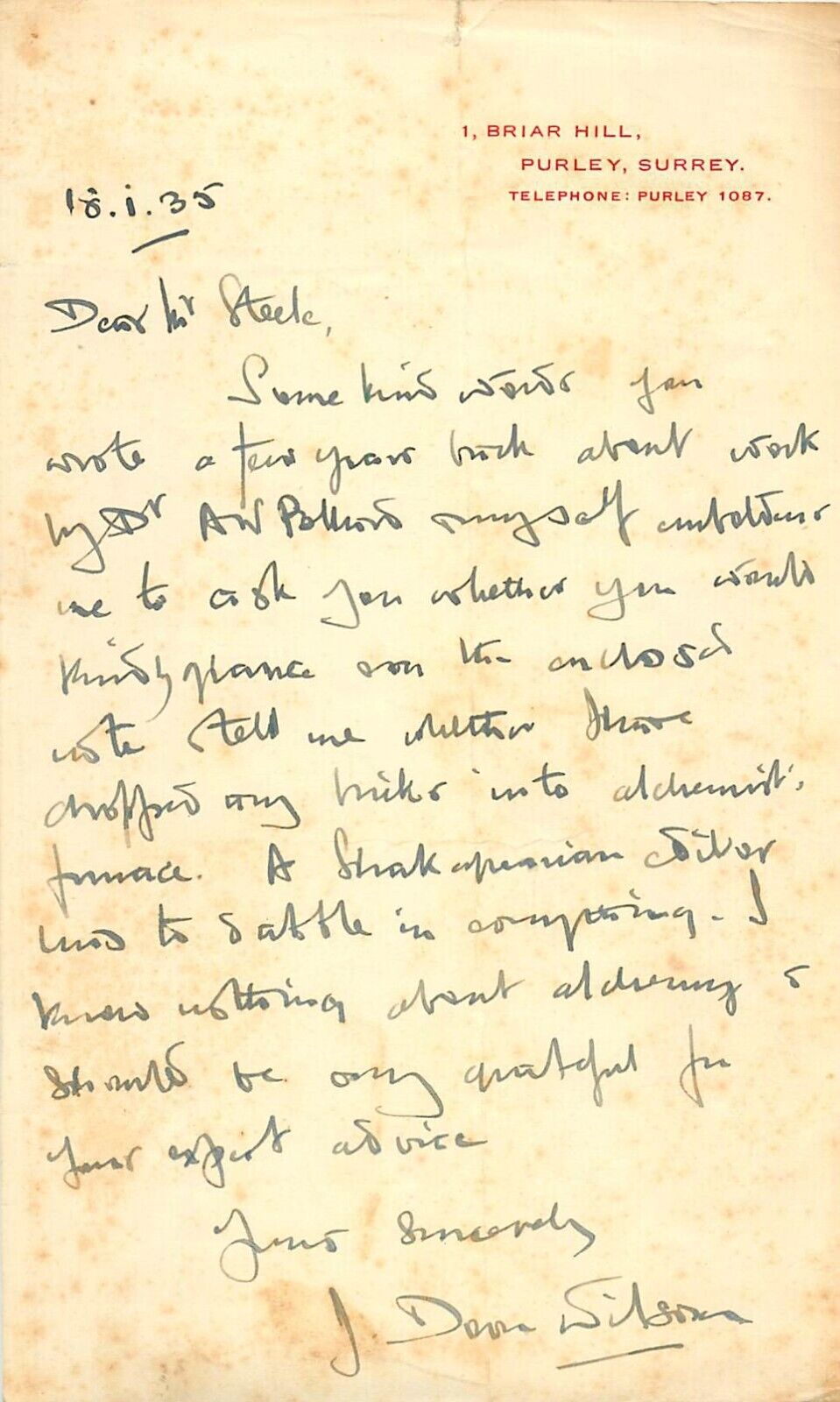 Vintage Signed Autograph Letter - Shakespeare Scholar - J Dover Wilson