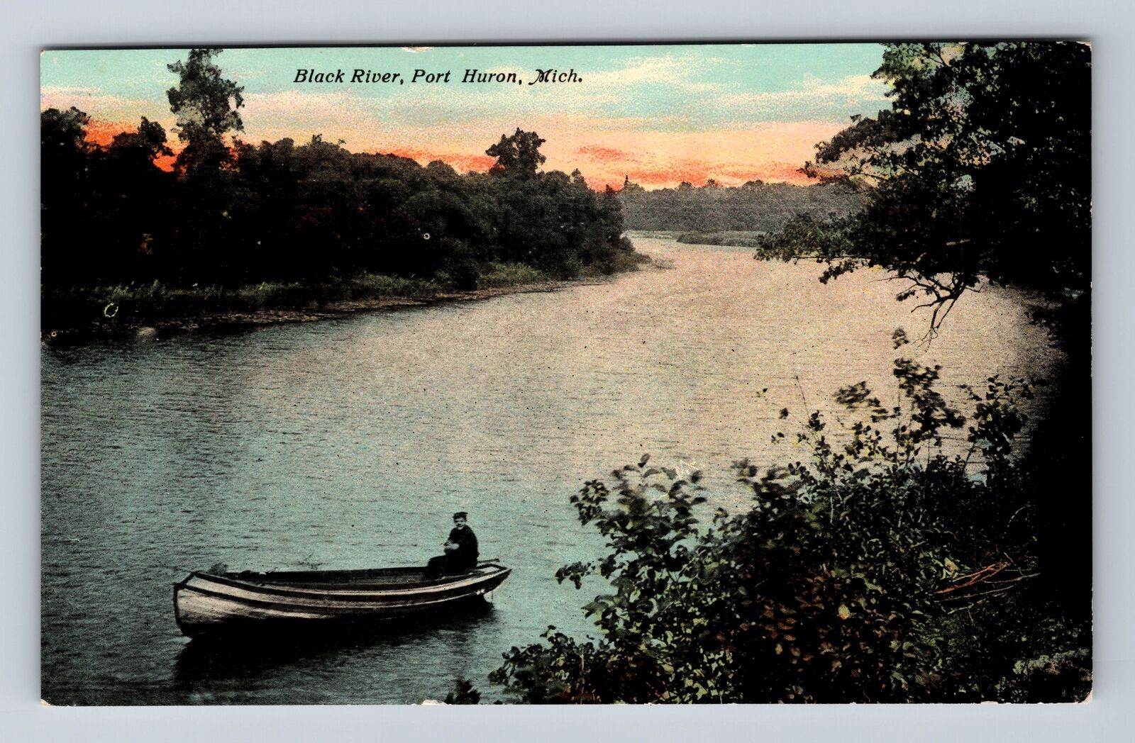 Port Huron MI-Michigan, Boating On Black River, Antique, Vintage Postcard