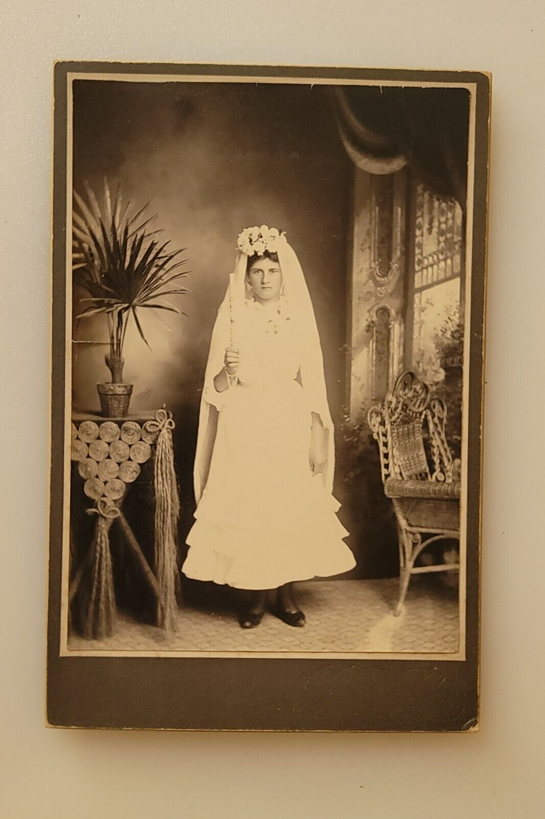 Antique Cabinet Card Photograph Young Girl White First Holy Communion Dress