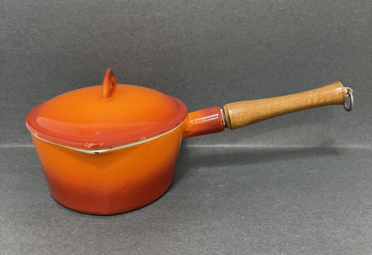 Vintage Descoware 16 r Orange Red Flame Cast Iron Enamel Belgium Saucepan + LID