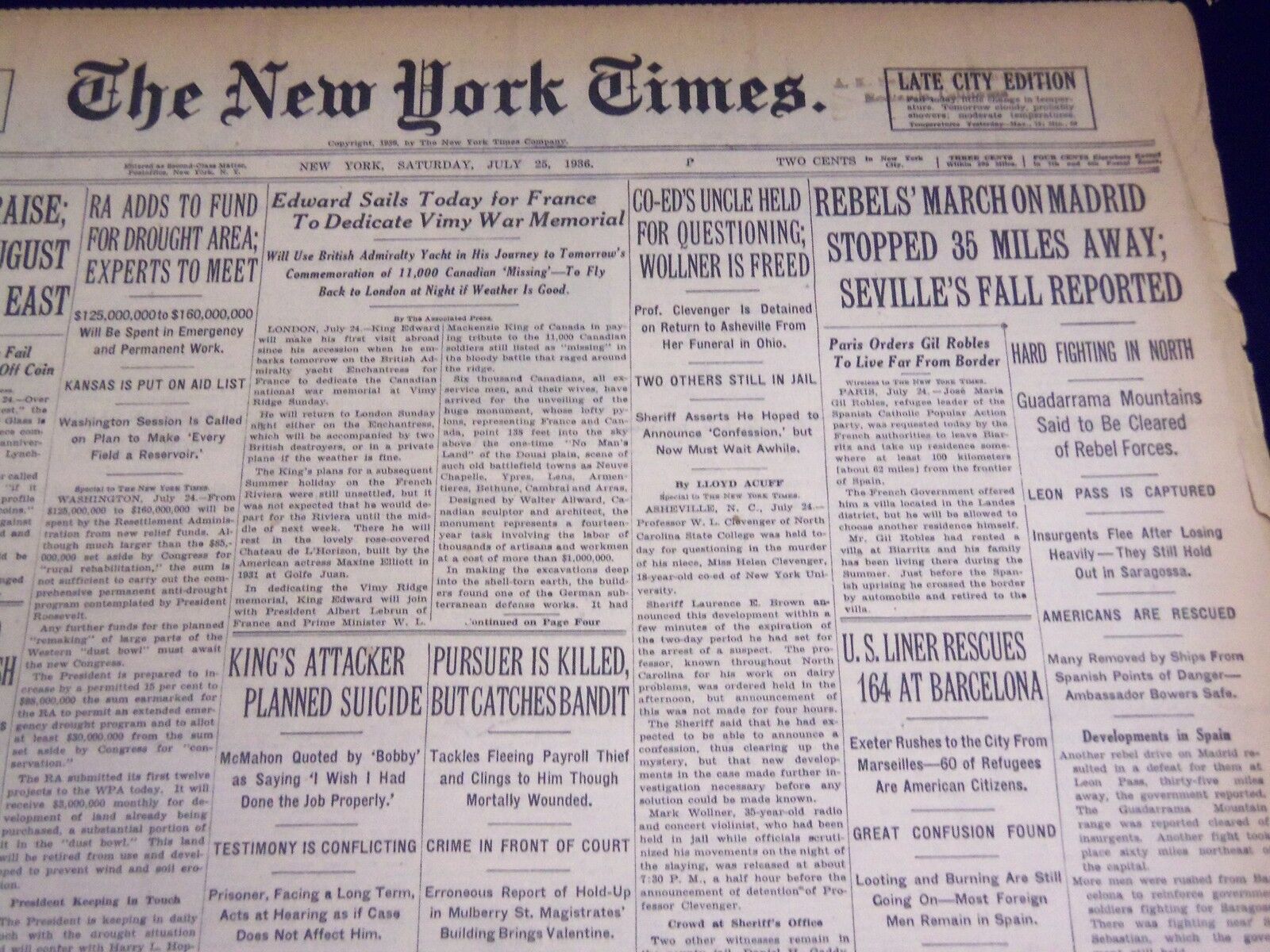 1936 JULY 25 NEW YORK TIMES - REBELS MARCH ON MADRID - NT 4047