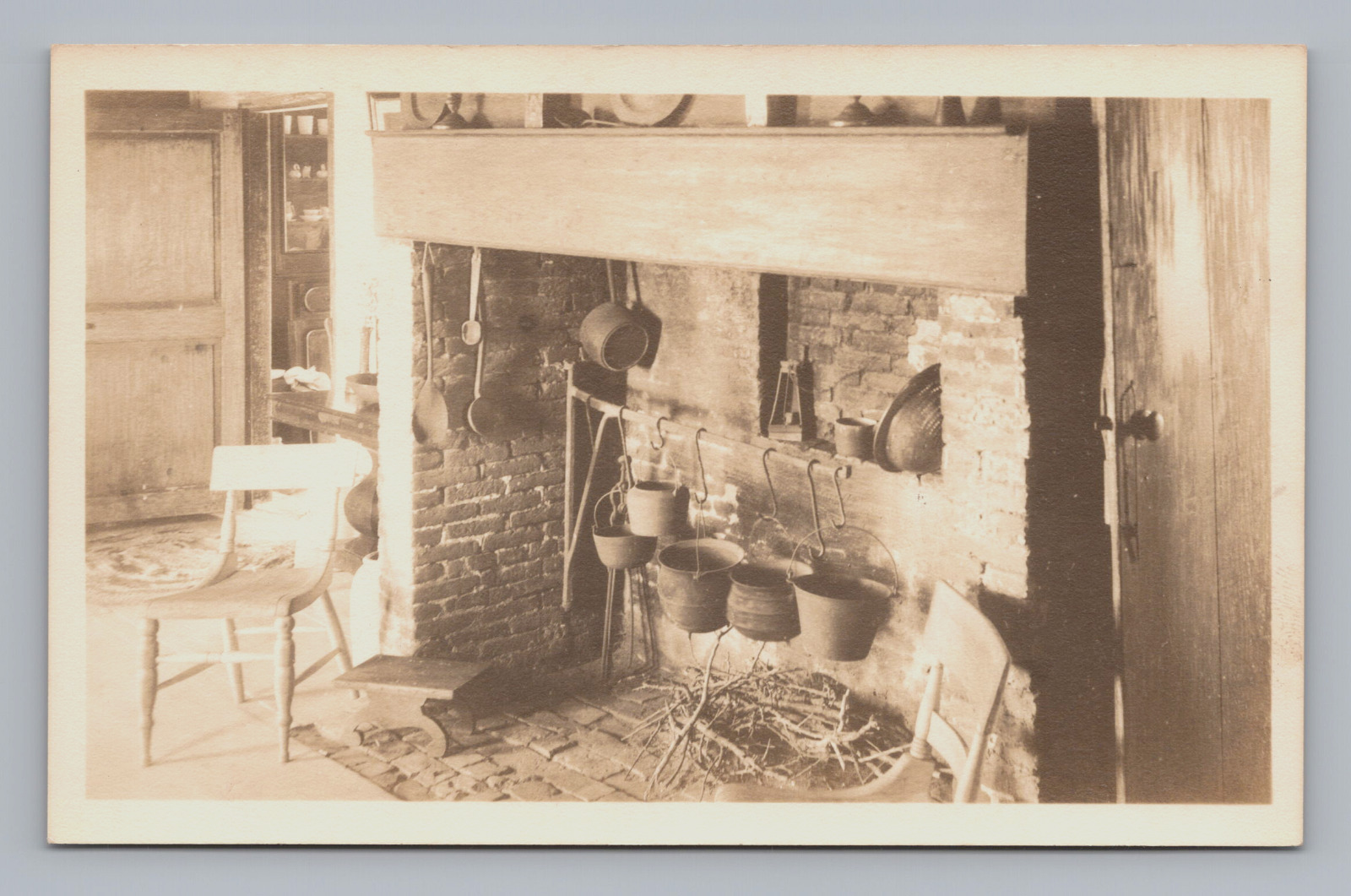 Postcard RPPC Historic Kitchen Inglenook Fireplace Pots Pans Stool Chairs