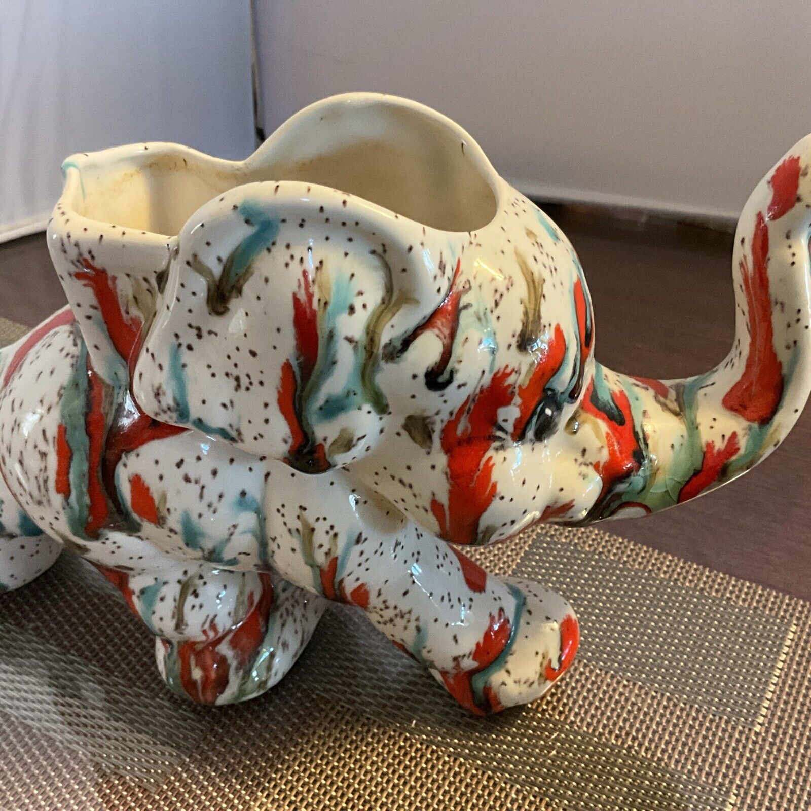 Vtg Ceramic Elephant Drip Glaze Planter Multi Color Marked LJH 8x5