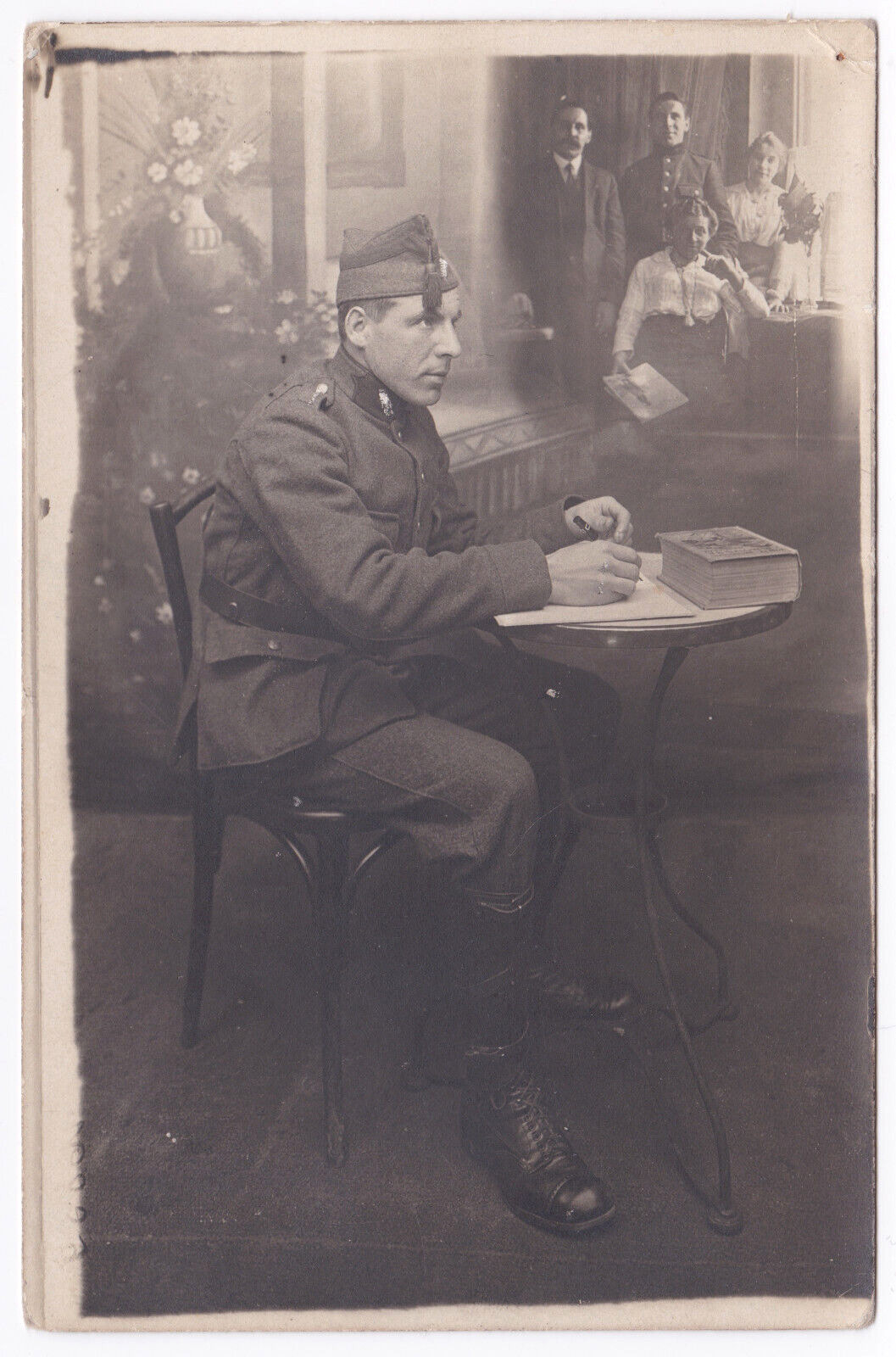 WW1 WWI French Soldier Writing Letter Studio Portrait Family Photomontage RPPC