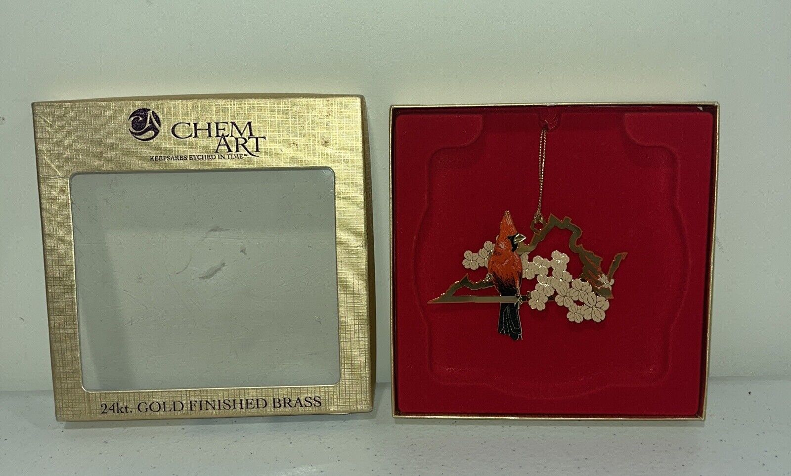 ChemArt VA State w/ Cardinal Dogwood Christmas Ornament 24k Gold Finished Brass