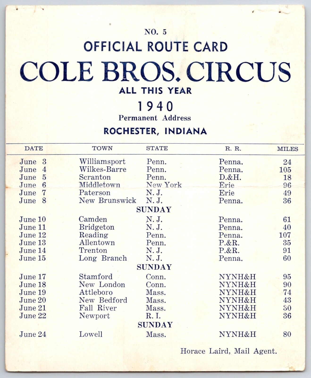 1940 Cole Bros Circus Route Card PA NY NJ CT MA RI