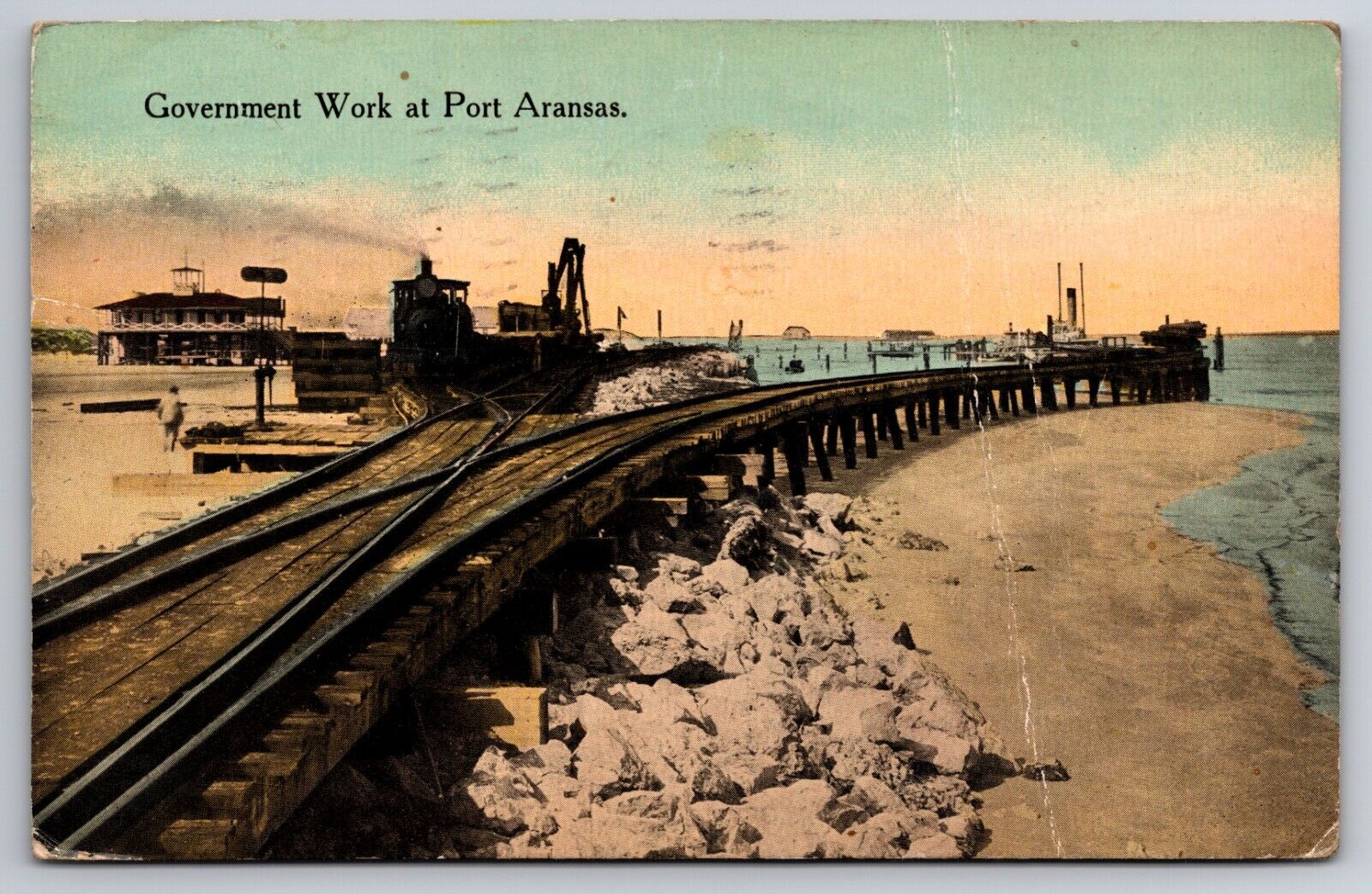 Government Work at Port Aransas Texas TX Railroad Tracks Train 1913 Postcard