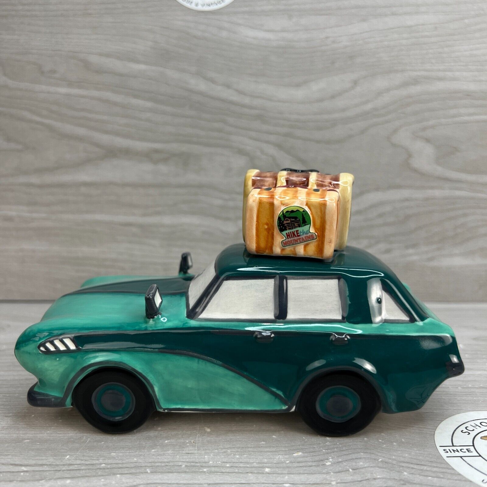 Robin Roderick Ceramic Coin Bank Green Hit The Road Car Travel Luggage Road Trip