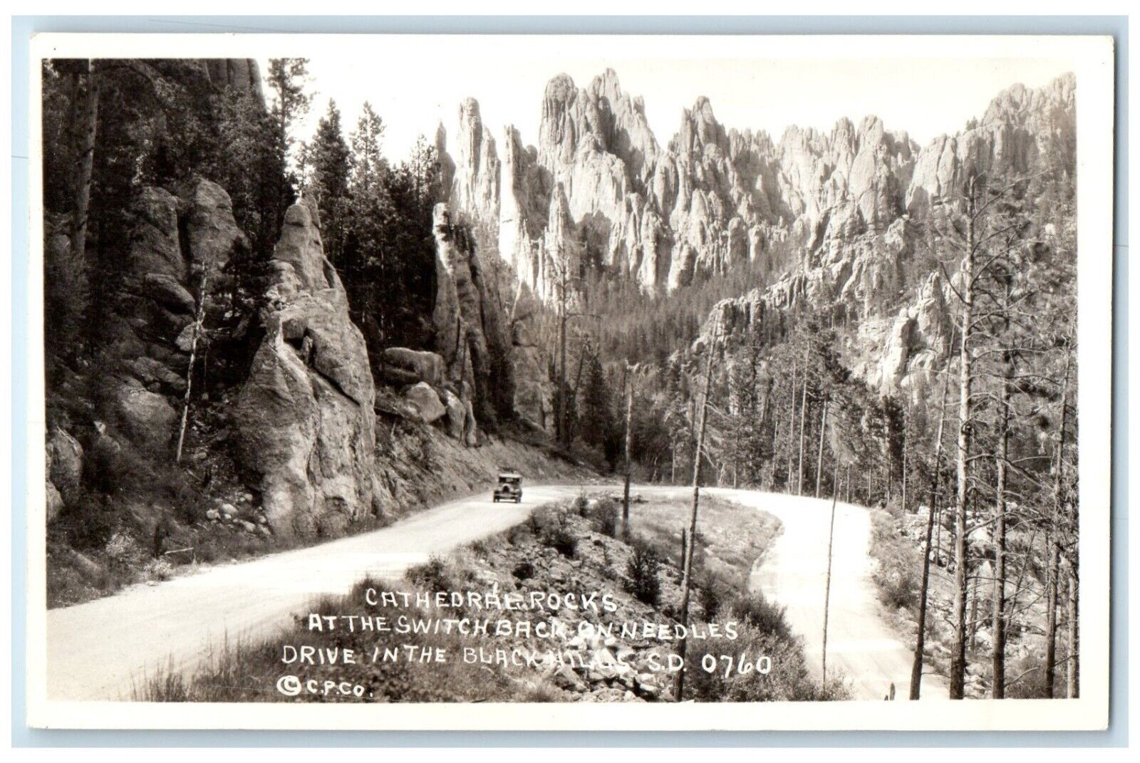 c1940\'s Cathedral Rocks Needles Drive In The Black Hills SD RPPC Photo Postcard