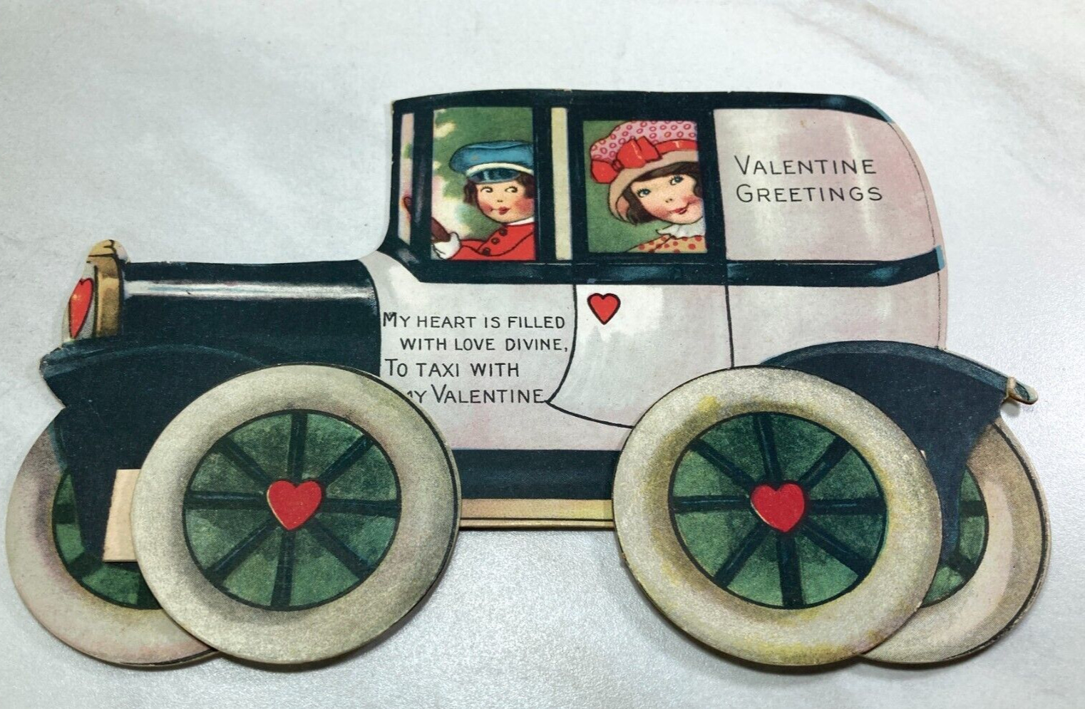Vintage Antique 1920-30s Die Cut Valentine Card Stand Up Pop Out Car Taxi Couple