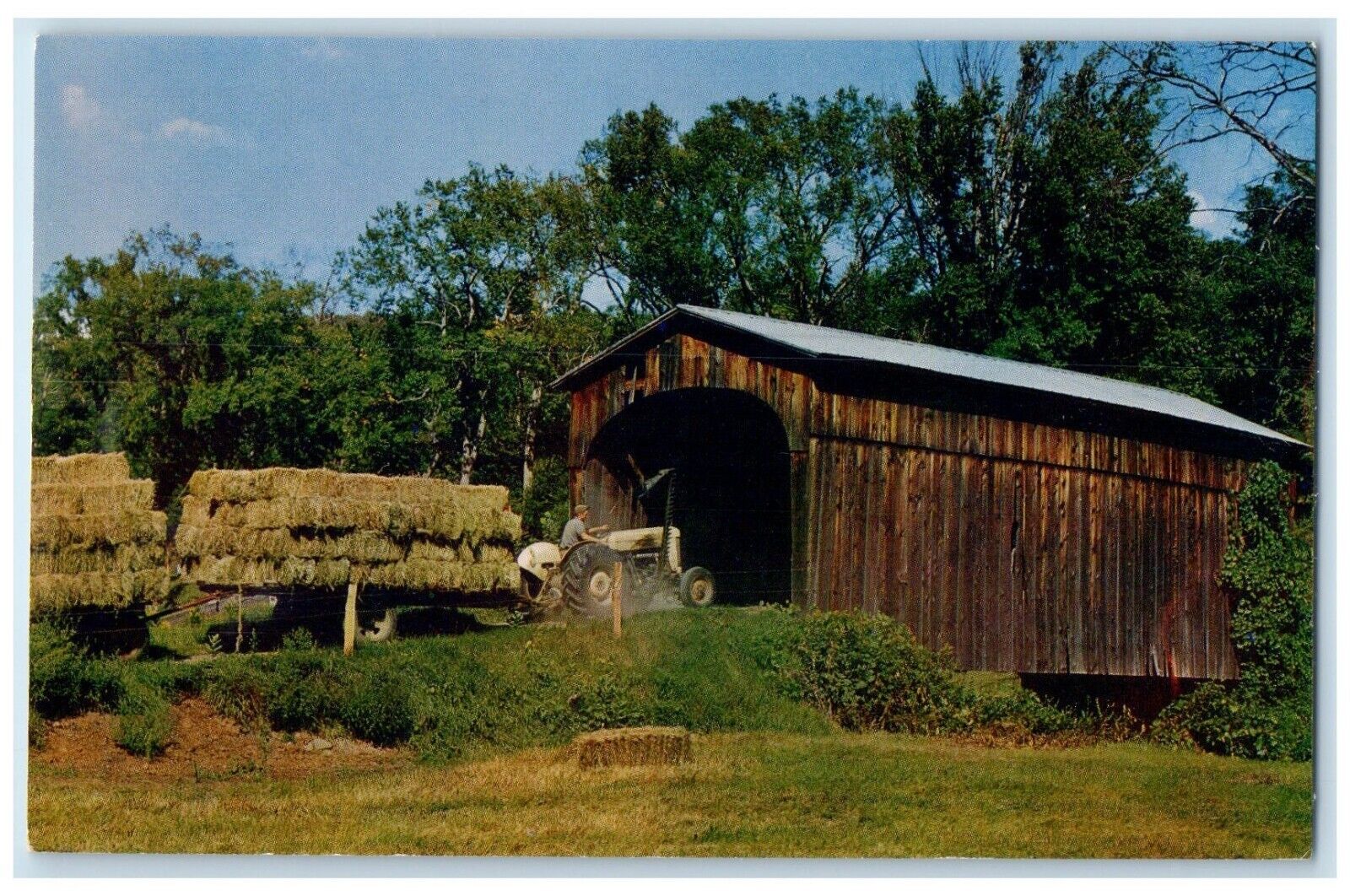 c1950's Randolph Covered Bridge Randolph Vermont VT, Tractor Hay  Postcard