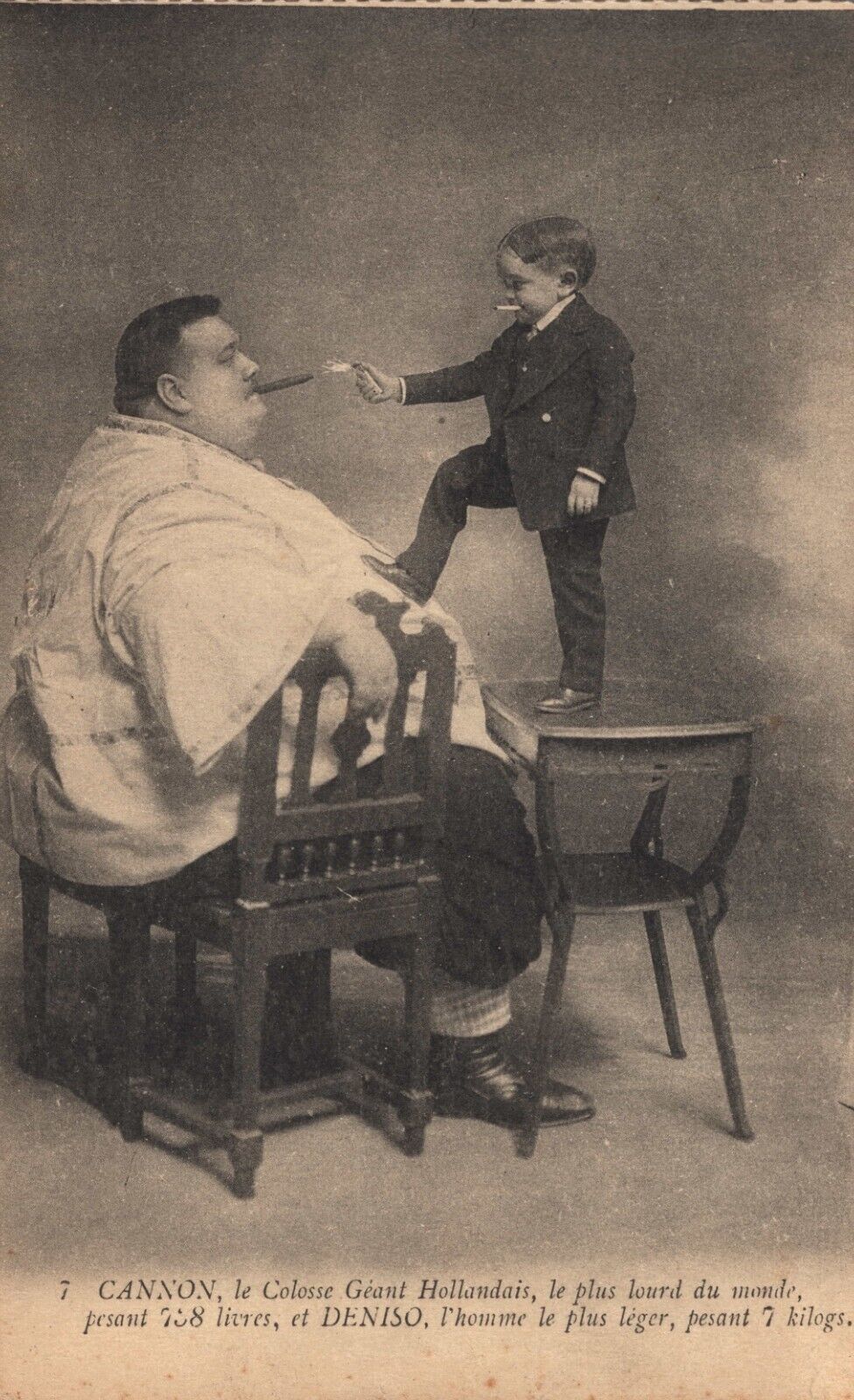 France ‘Cannon et Deniso’ Huge Fat Man & Midget Circus Freaks Smoking Postcard