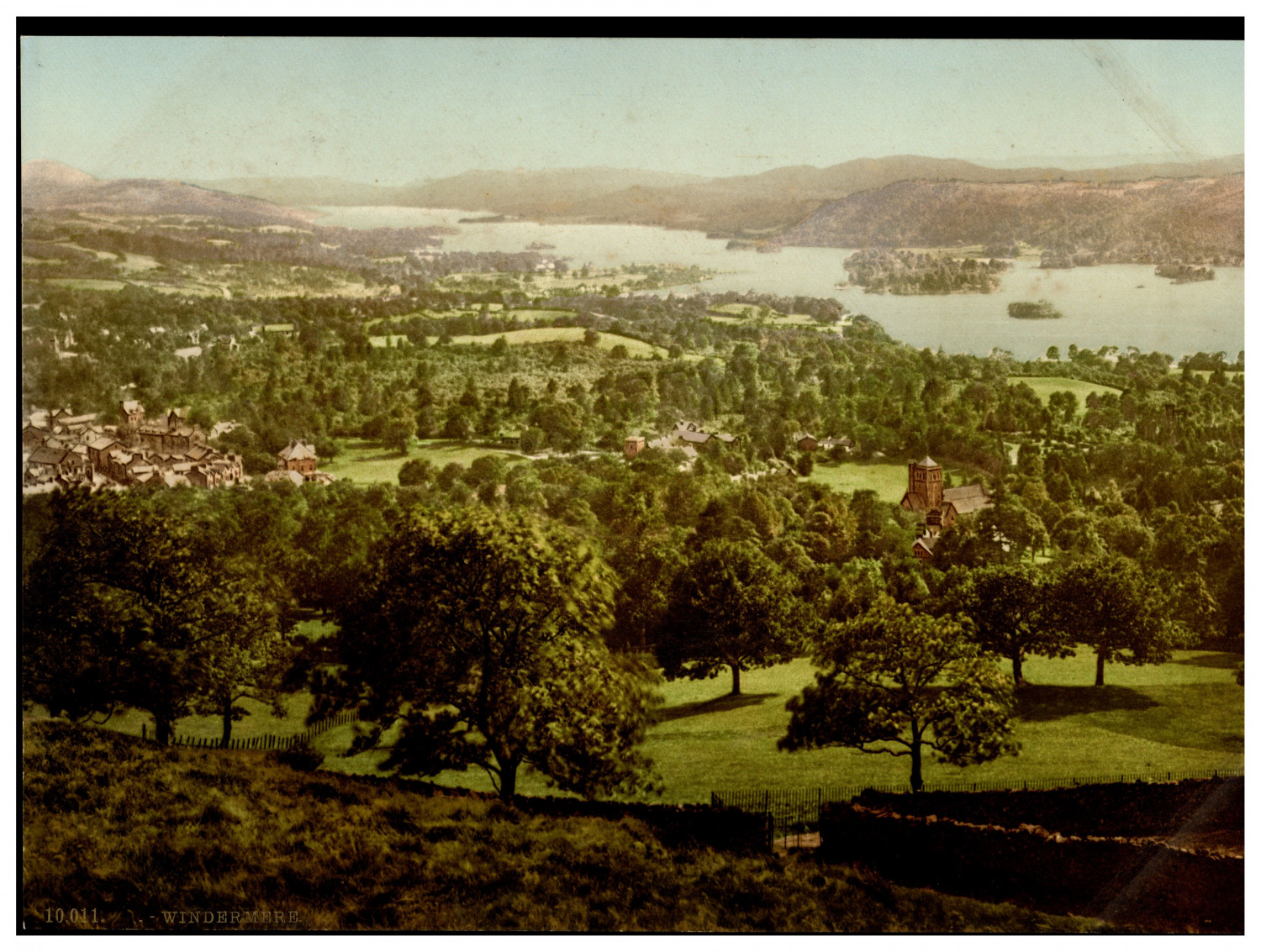 England. Lake District. Windermere, from Orrest Head. Vintage Photochrome by P