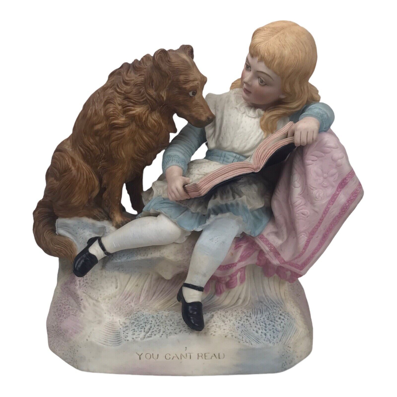 Antique Victorian Porcelain Bisque Figurine You Can\'t Read Girl Dog Large 12\