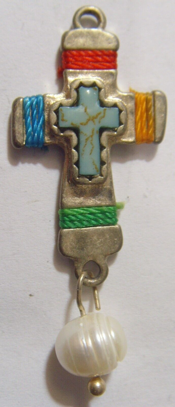 vintage Christian decorated Turquoise pearl cross religious pendant 53213