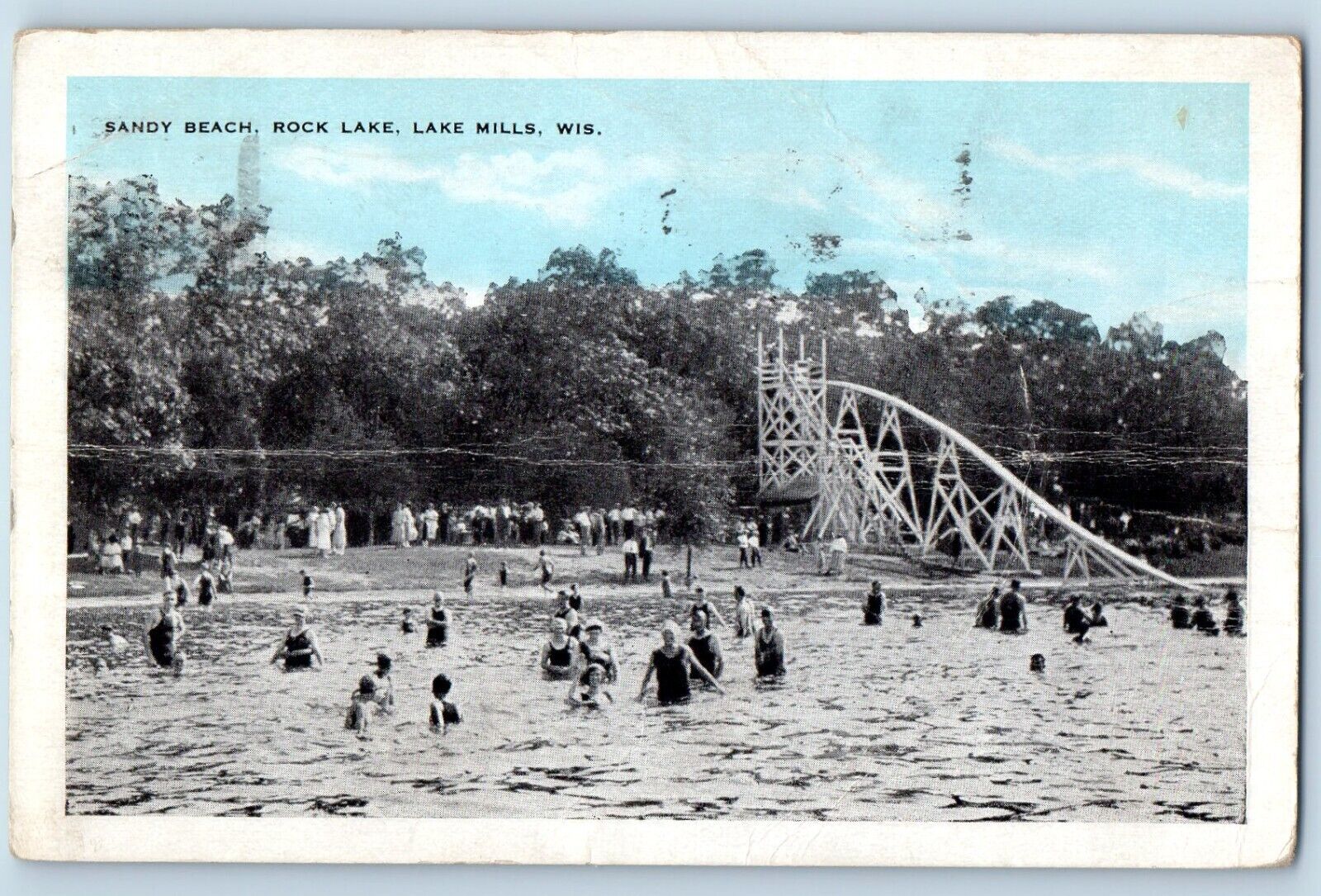 Lake Mills Wisconsin Postcard Sandy Beach Rock Lake Bathing Crowd Swimming 1938