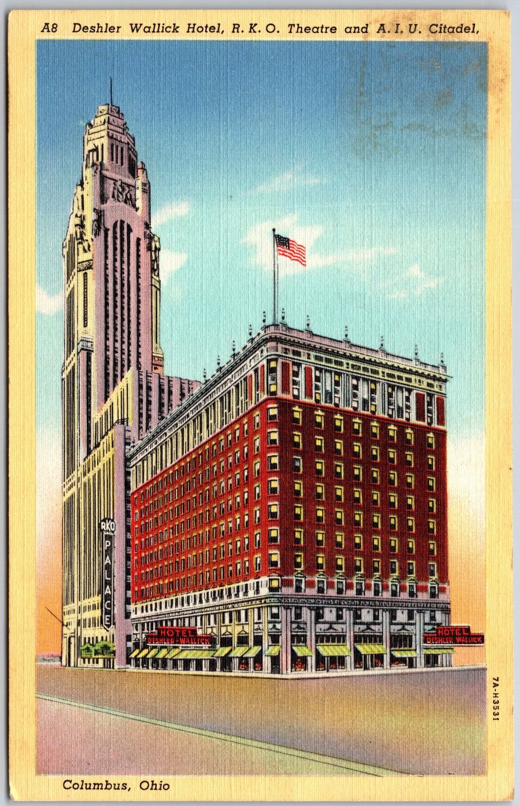 Columbus Ohio OH, 1946 Deshler Wallick Hotel, RKO Theatre, AIU Citadel, Postcard