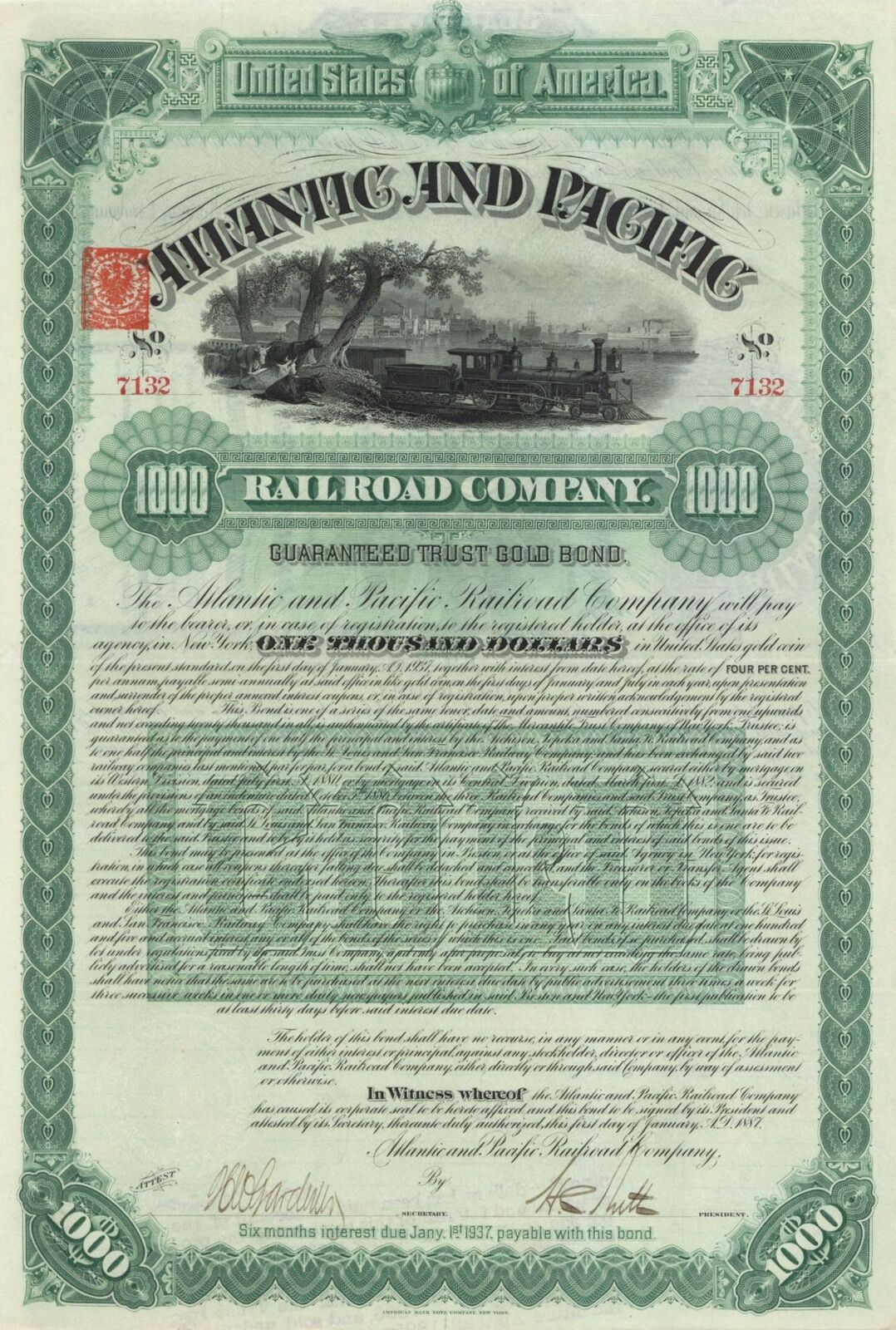 Atlantic and Pacific Railroad Co. - 1887 dated $1,000 Uncanceled Railway Gold Bo