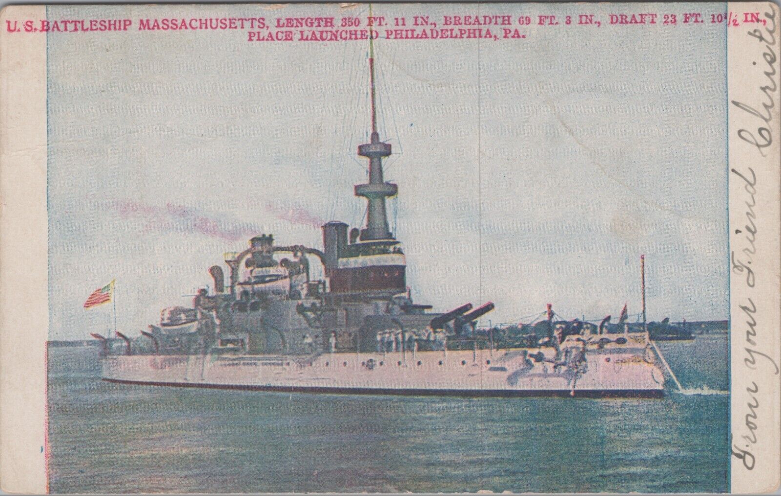 1906 Postcard R.F.D. Hatfield PA USS Massachusetts Battleship BB-2 USN B4469d3