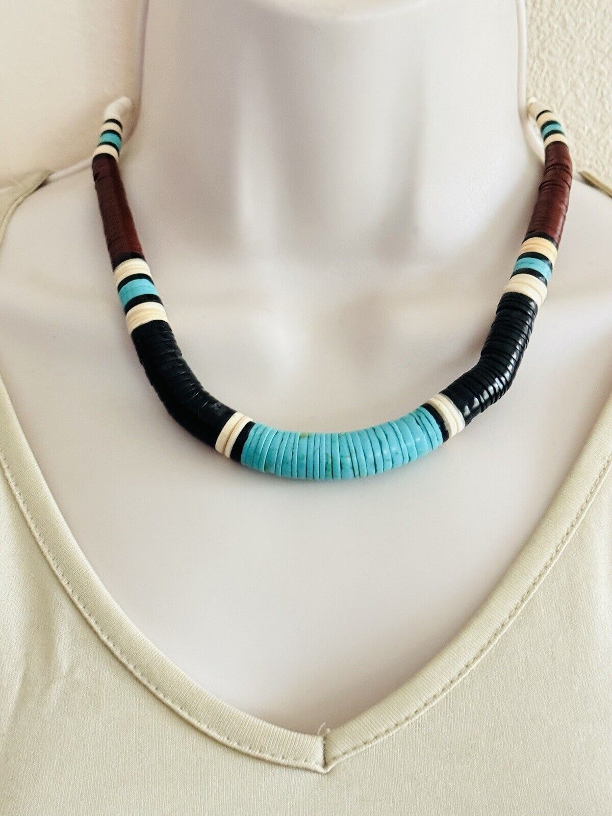 Vtg NAVAJO Heishi Bead Turquoise Onyx Shell Sterling Necklace Native American