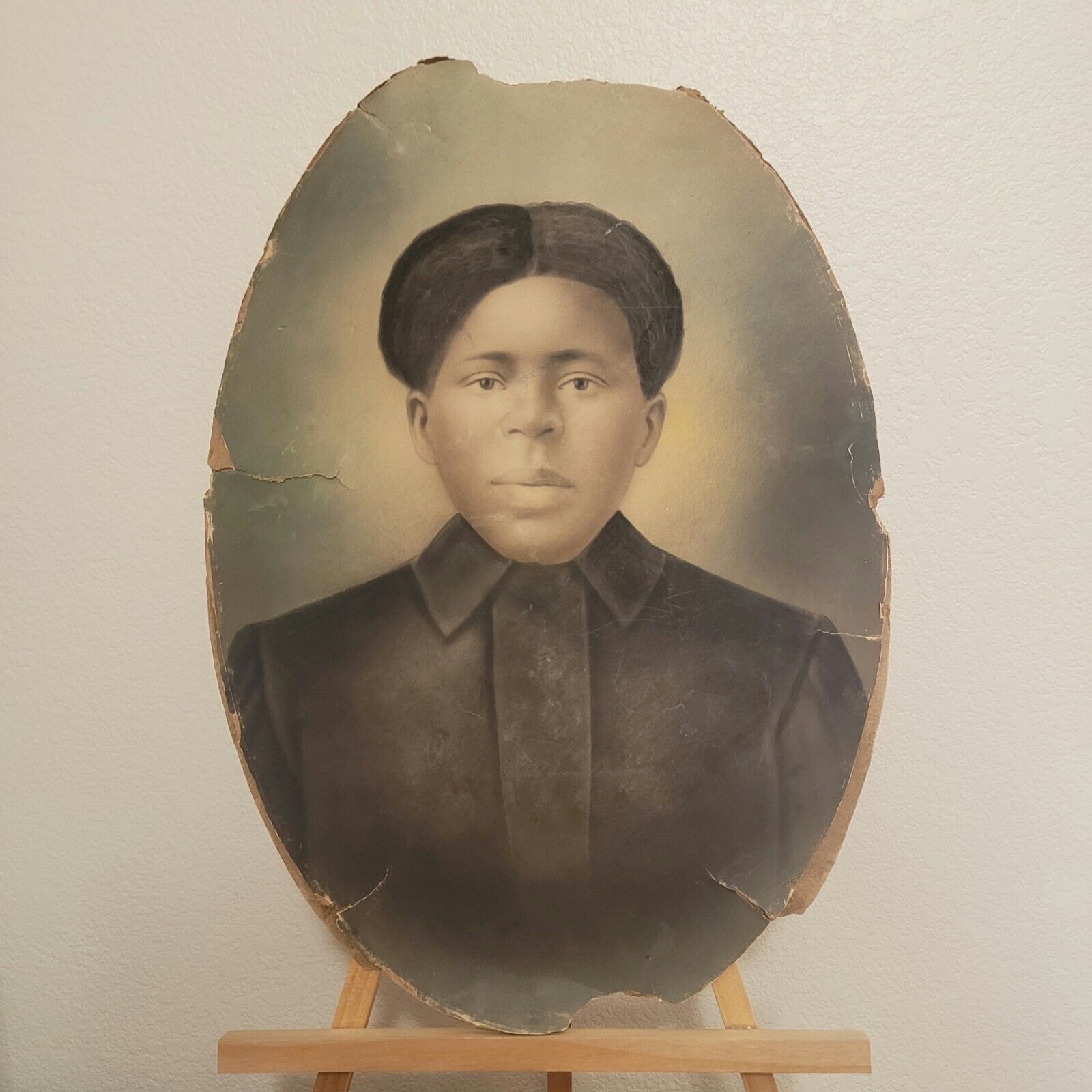 19th Century African American Woman Convex Oval Portrait Distressed 18in 