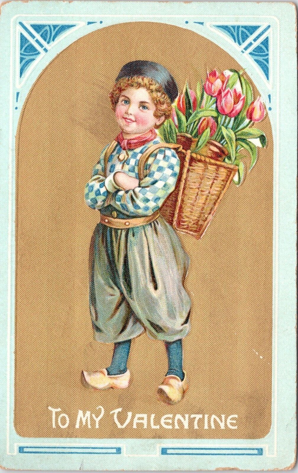 C.1910s Valentines Adorable Dutch Boy W Flower Backpack Silk Inset Postcard A224
