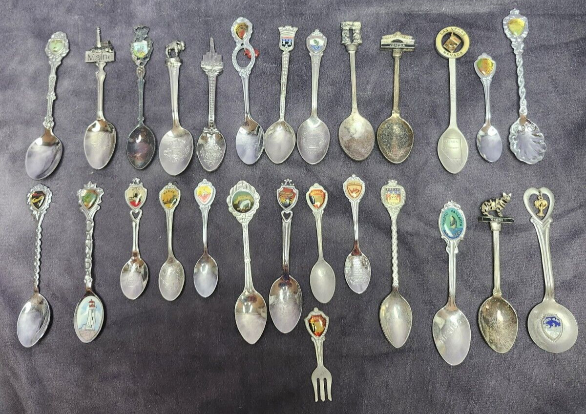 Collector Vintage Souvenir Spoons Lot of 27 Silver Plated Pewter Stainless LOT 3