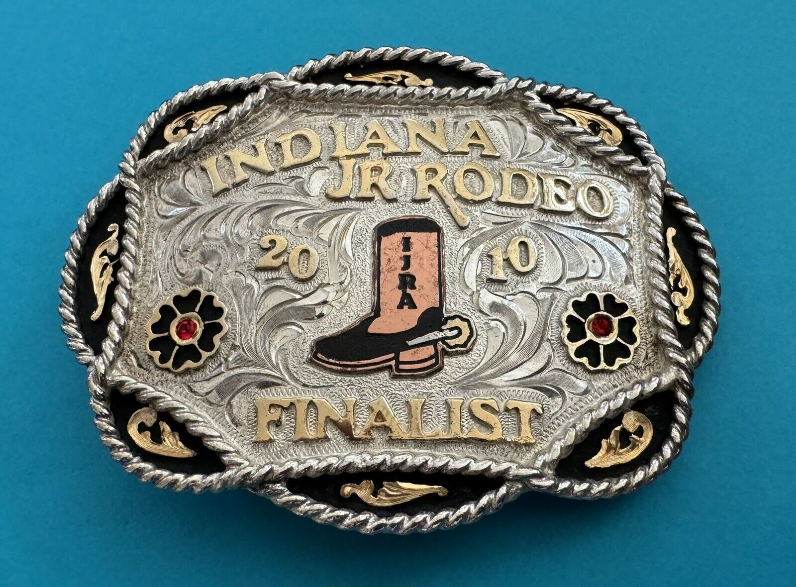True Vintage 2010 Indiana Jr Rodeo Finalist Tres Rios Silver Trophy Belt Buckle