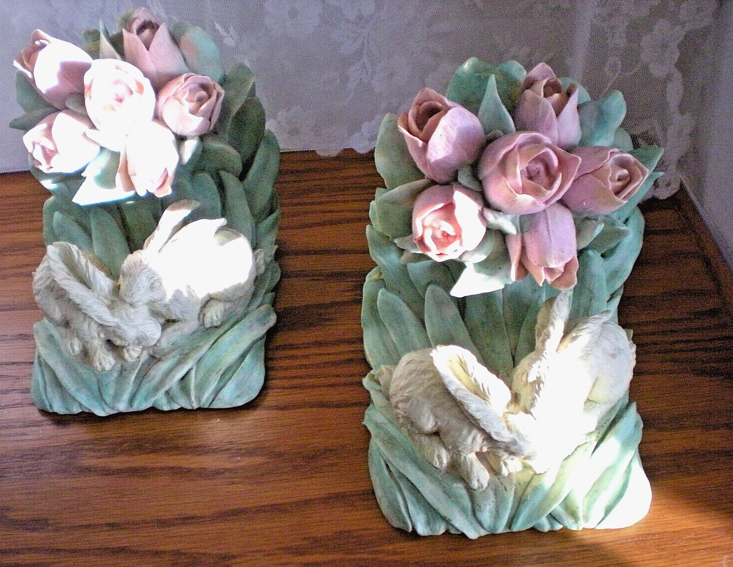 Identical Pair of Charming Vintage (1999) TULIPS & BUNNIES BOOKENDS by CBK Ltd.