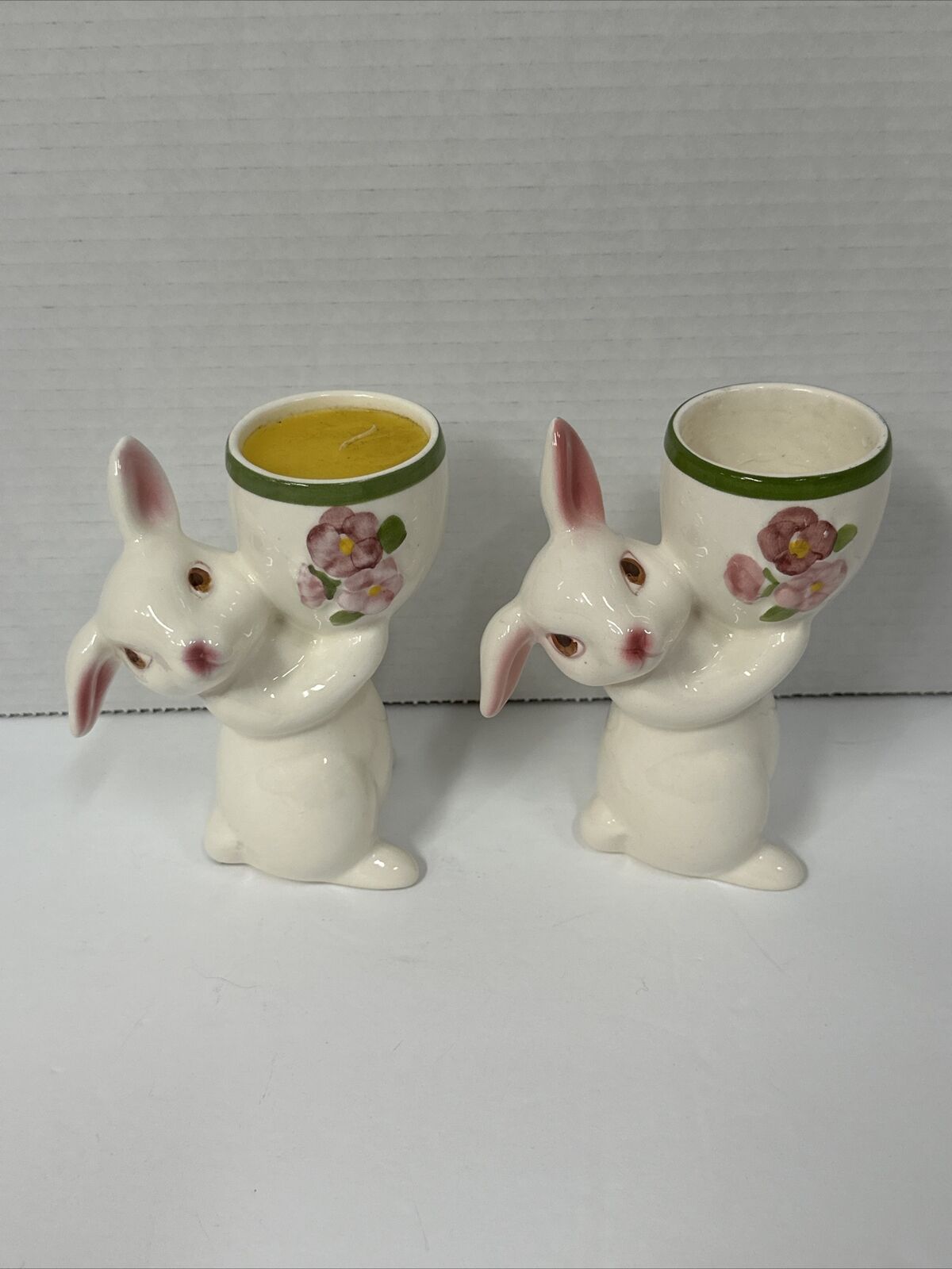 Set of 2 VTG Avon Sunny Bunny Easter Ceramic Rabbit Candle Holder Votive 1981