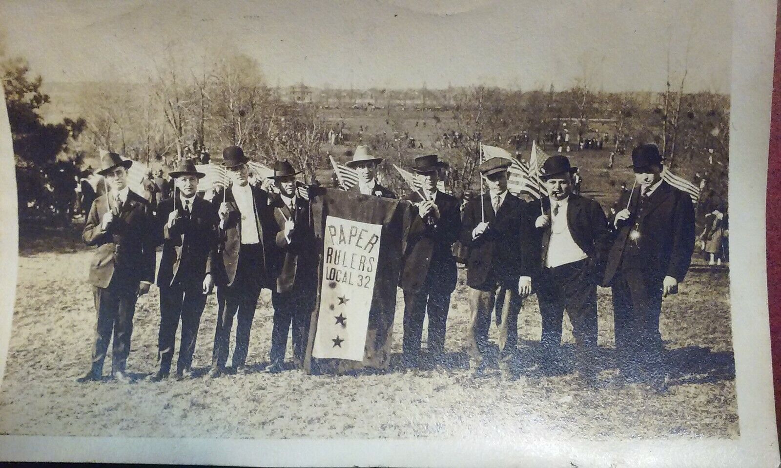 small 1910's Original Photo Members of PAPER RULERS LOCAL 32 Union out in Field