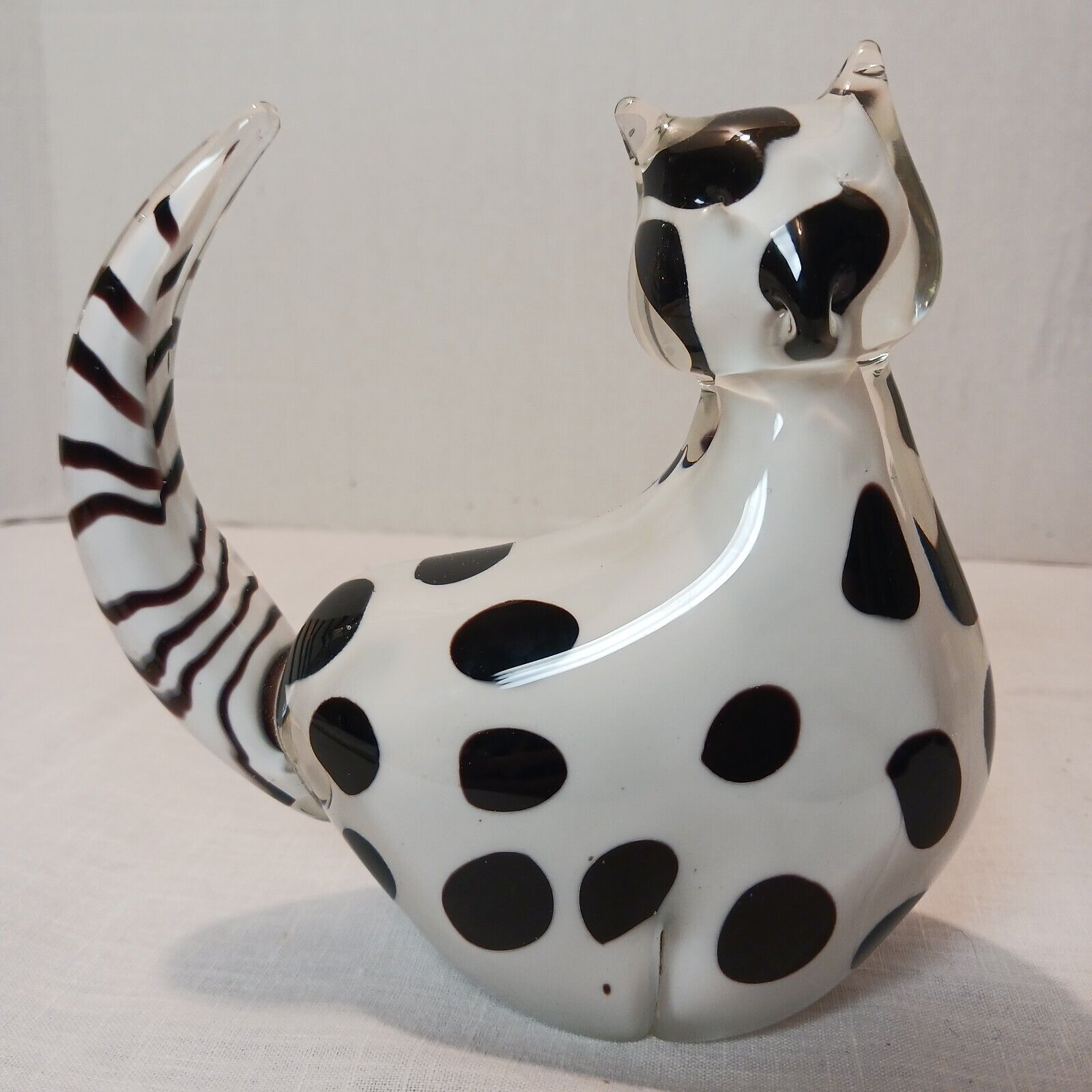 Vintage Blown Art Glass Black & White CAT Paperweight Figurine polka dots stripe