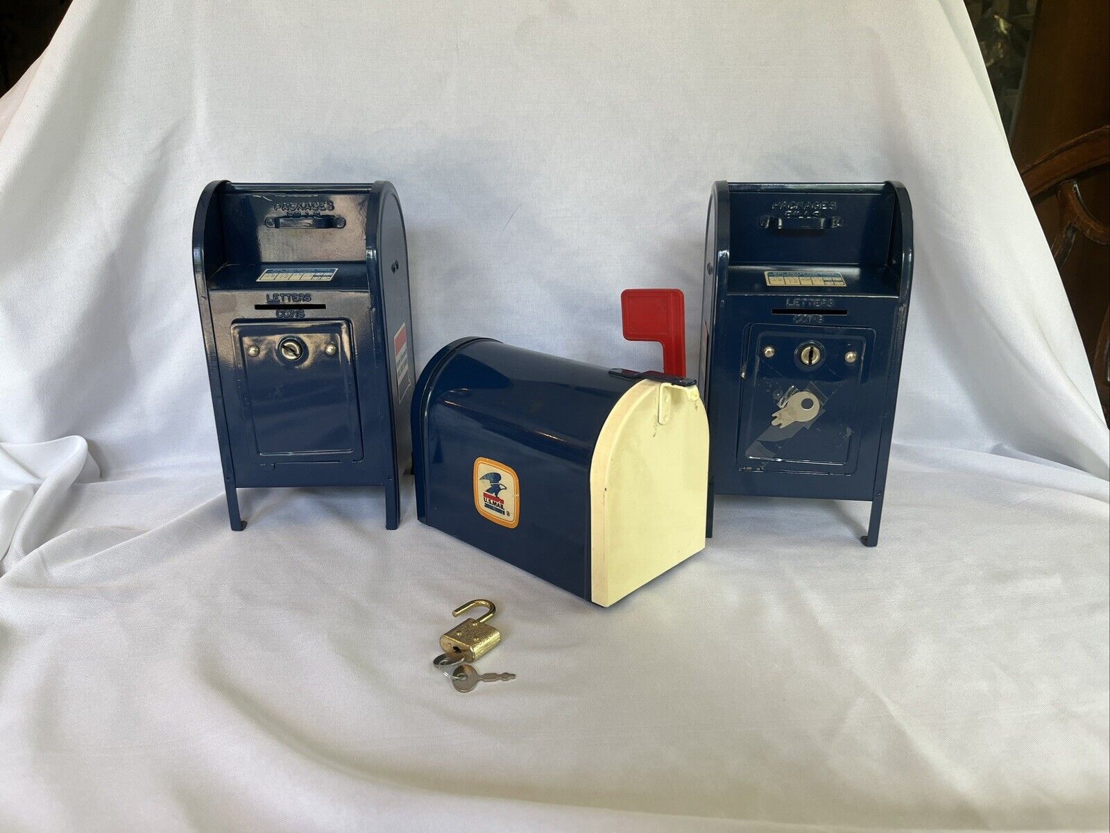 Vintage Tom Thumb Mailbox Bank Box & US Mail Bank with Keys and Lock. Lot of 3