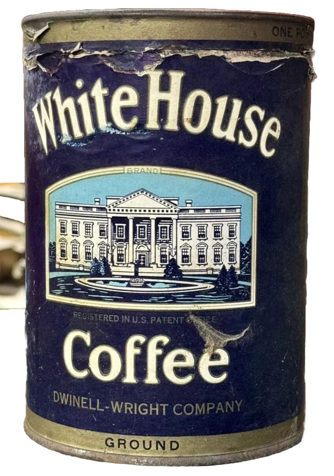 Rare Vintage WHITEHOUSE COFFEE 1 LB TIN Can PAPER LABEL DWINELL & WRIGHT CO