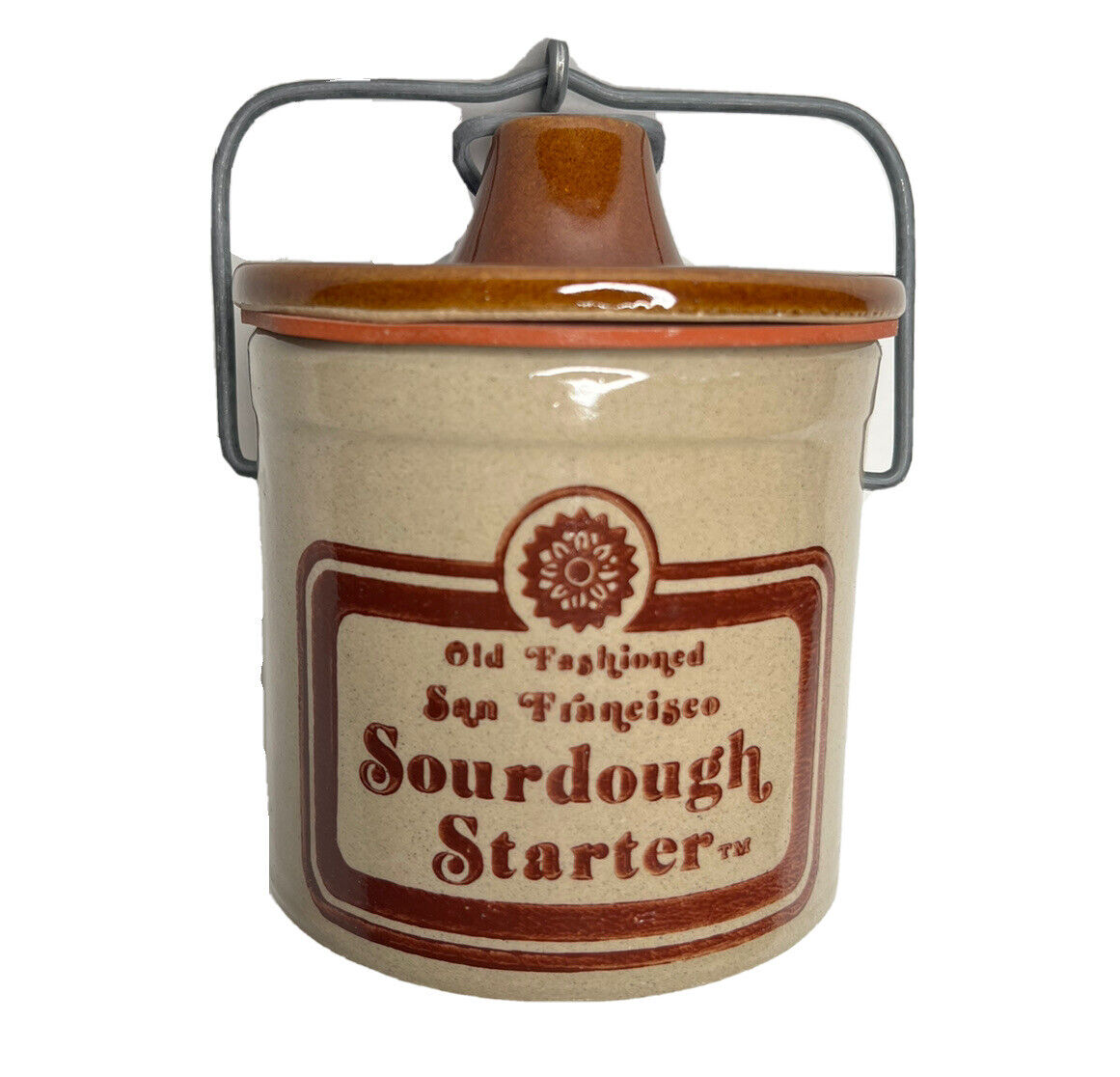 Vtg Stoneware Old Fashioned Sourdough Starter Crock Jar Wire Bale Closure