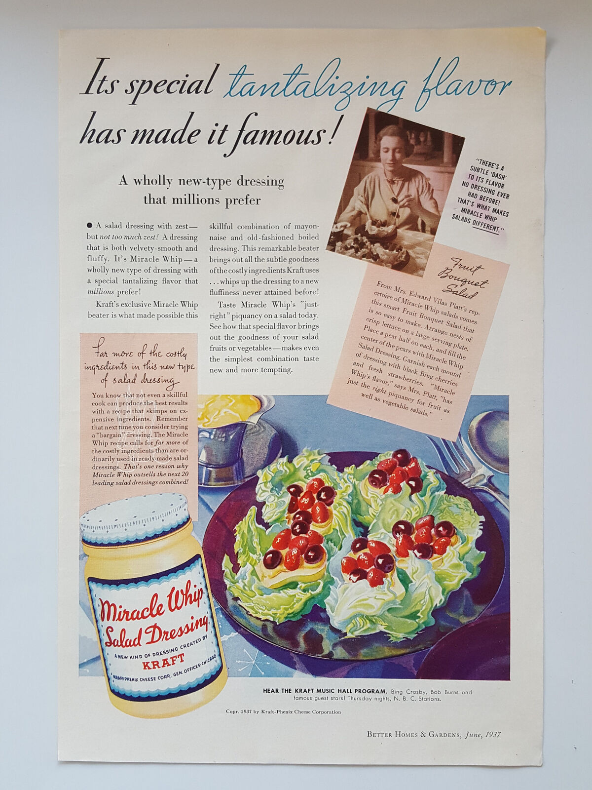 1937 Kraft Miracle Whip Salad Dressing Phenix Cheese Chicago Vintage Print Ad