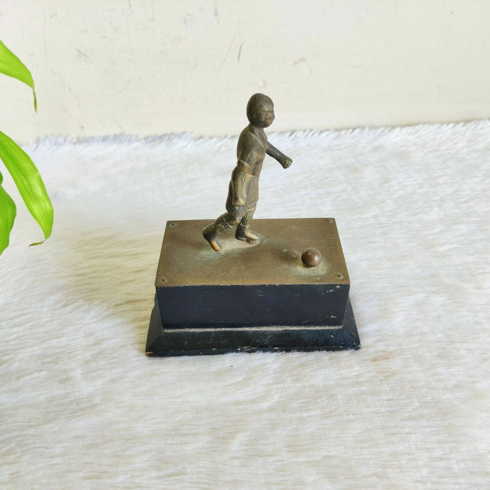 1965 Vintage Certa Bonum Certamen Athlete Football Brass Trophy Wooden Base Rare