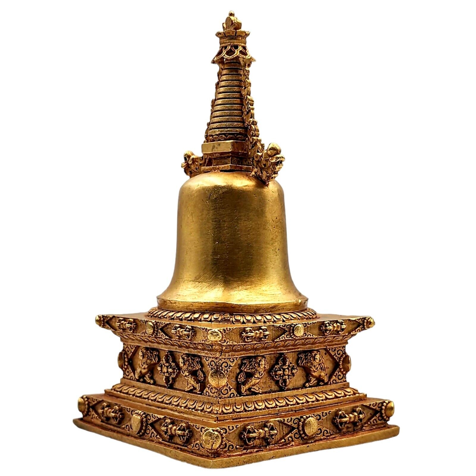 Tibetan Antique Finish Copper Décor Buddhist Gold Stupa Statue Nepal Collectible