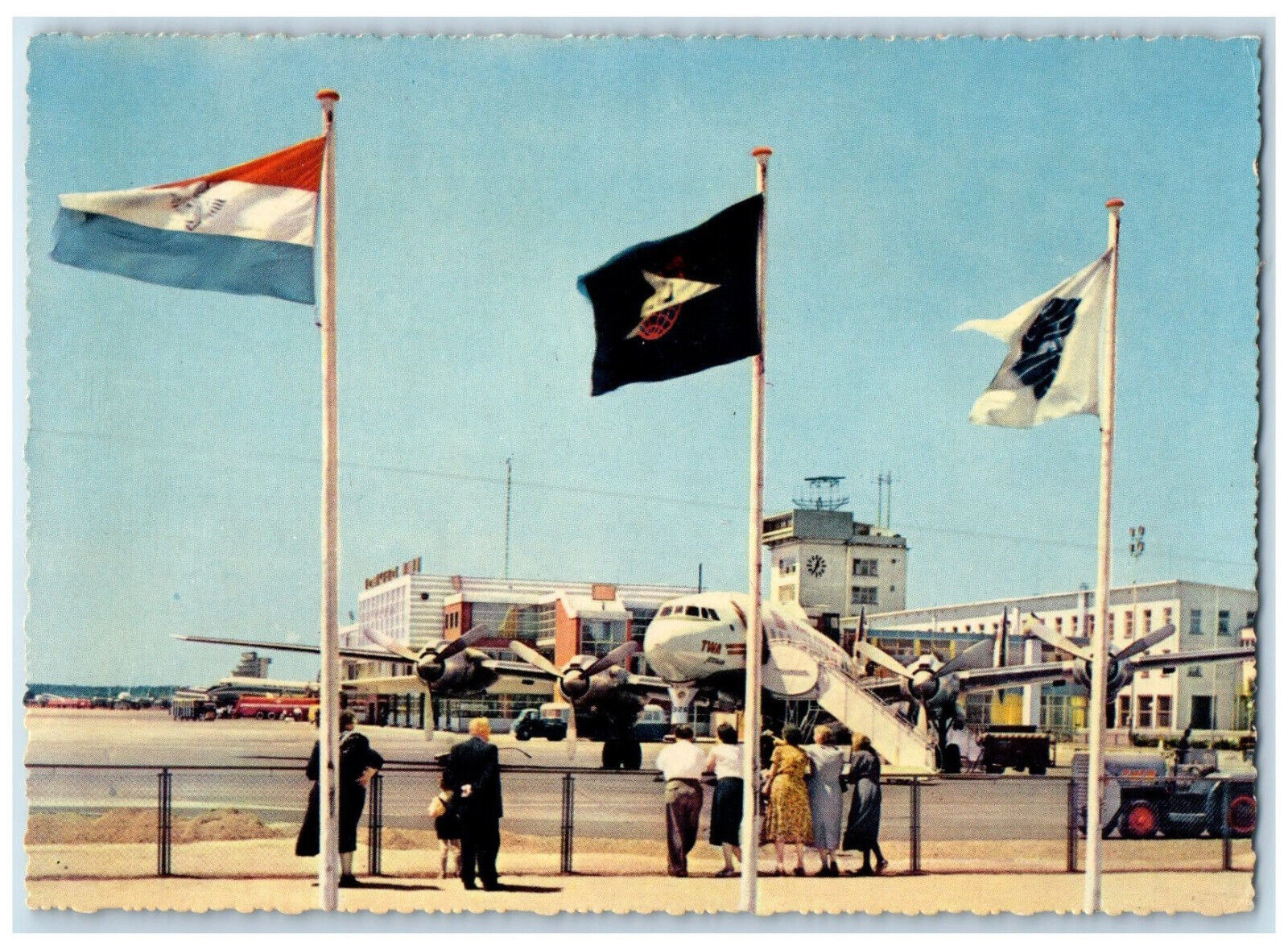 c1950's Three Flags Airplane Fluqhafen Frankfurt Germany Postmark $1  Postcard