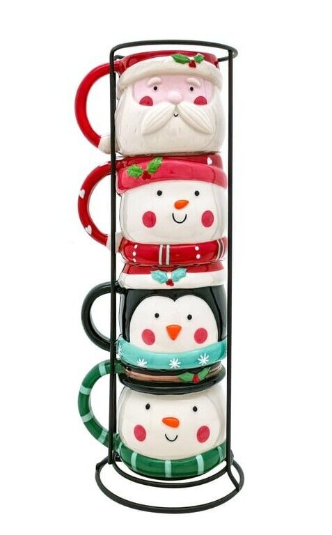 Holiday Time Santa Stacking mug set w/rack, 13 fl oz capacity, Red Stoneware