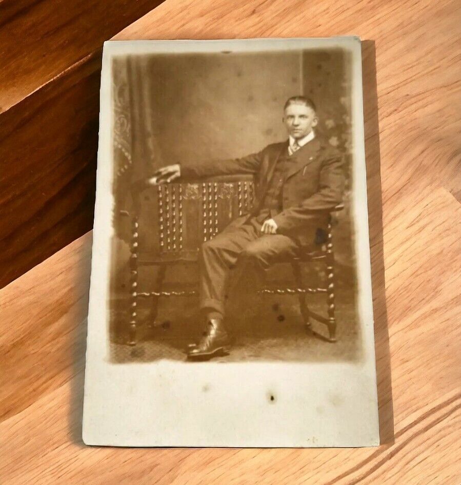 Young Man in Suit Posing on Bench Studio Real Photo Antique RPPC Postcard